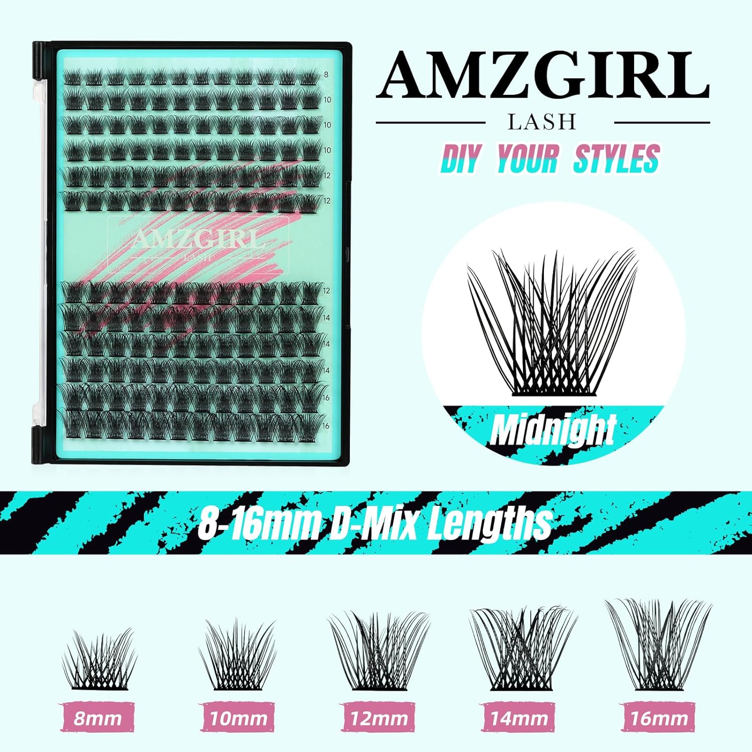 AMZGIRL LASH Midnight DIY Lash Extension Kit, 144 pcs Eyelash Clusters Kit Lash Bond and Seal, Lash Glue Remover and Applicator for Individual False Eyelashes Kit Lash Extensions(D-Mix 8-16mm Kit) - Glowelle