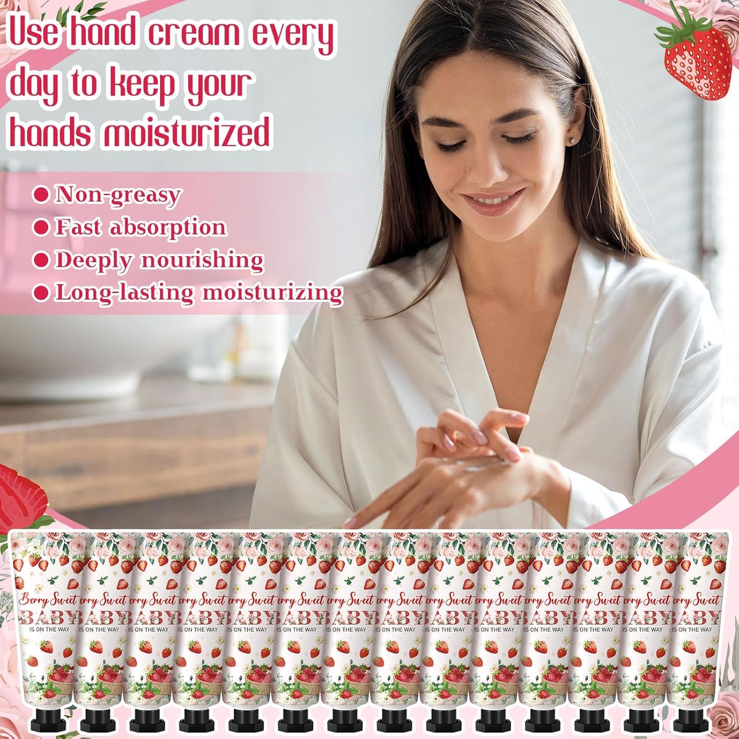 48 Sets Strawberry Hand Cream Gifts Baby Shower Party Hand Cream Favors for Guests Berry Sweet Baby Is on the Way Gift Bulk Travel Size Hand Lotion Set for Guest - Glowelle
