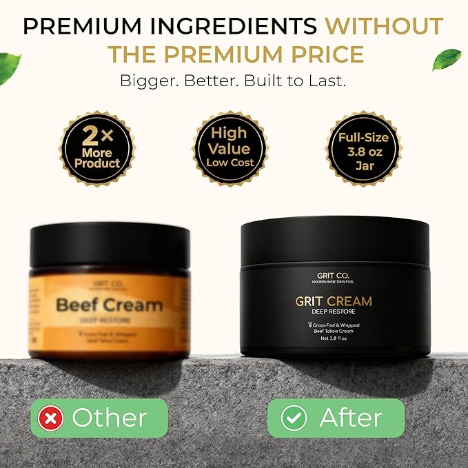 Beef Tallow for Skin Anti-Aging Men's Face Cream – Grass-Fed Tallow Moisturizer for Men – Unscented Whipped Wrinkle Balm 3.4 oz