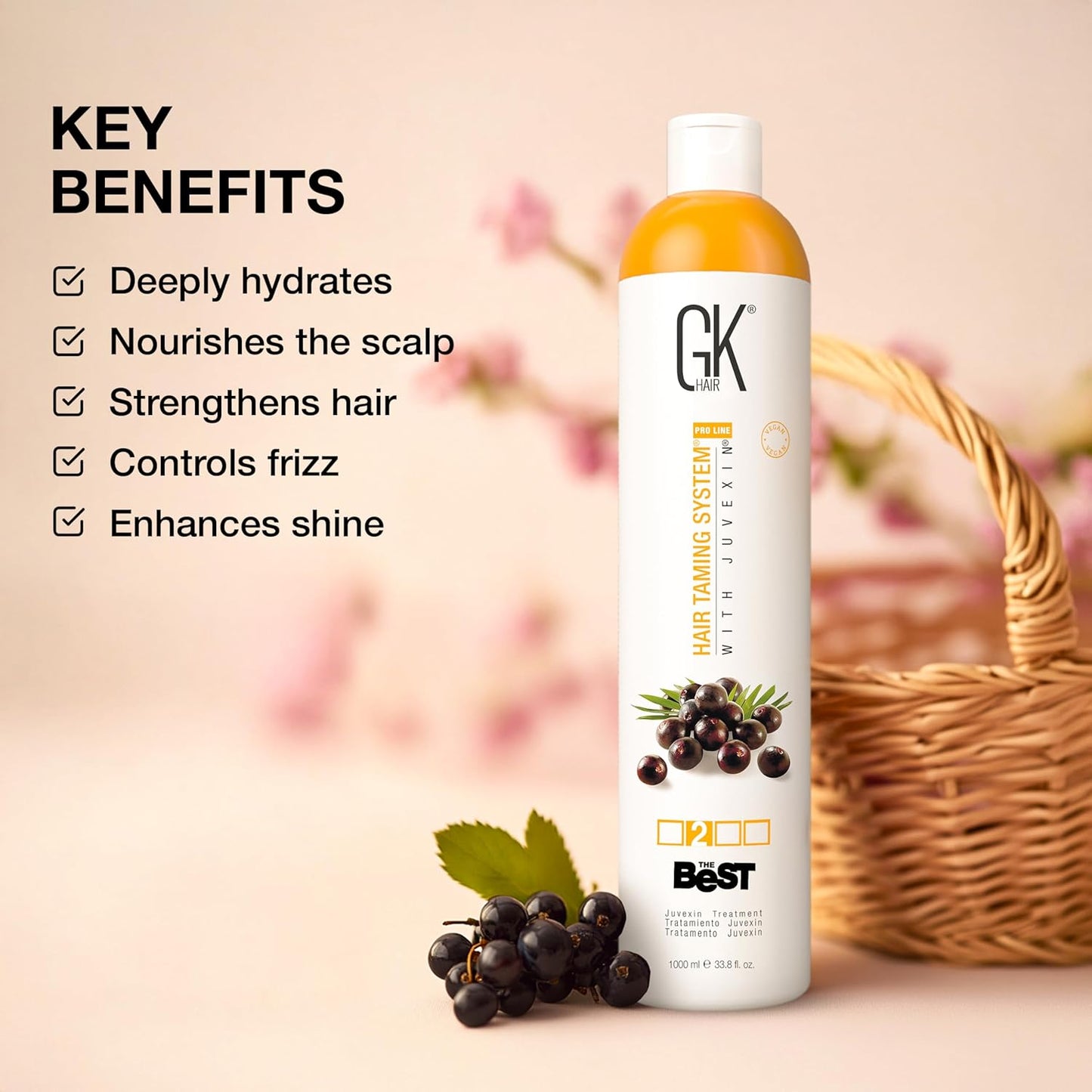GK HAIR Global Keratin The Best ACAI (33.8 Fl Oz/1000ml) Smoothing Keratin Hair Treatment - Professional Brazilian Complex Blowout Straightening For Silky Smooth & Frizz Free Hair - Glowelle