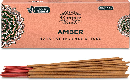 Raajsee Amber Incense Sticks 100 Gm Pack-100% Pure Organic - Natural Hand Rolled Free from Chemicals-Insence for Church,Relaxation, Meditation & Sensual Therapy - Glowelle
