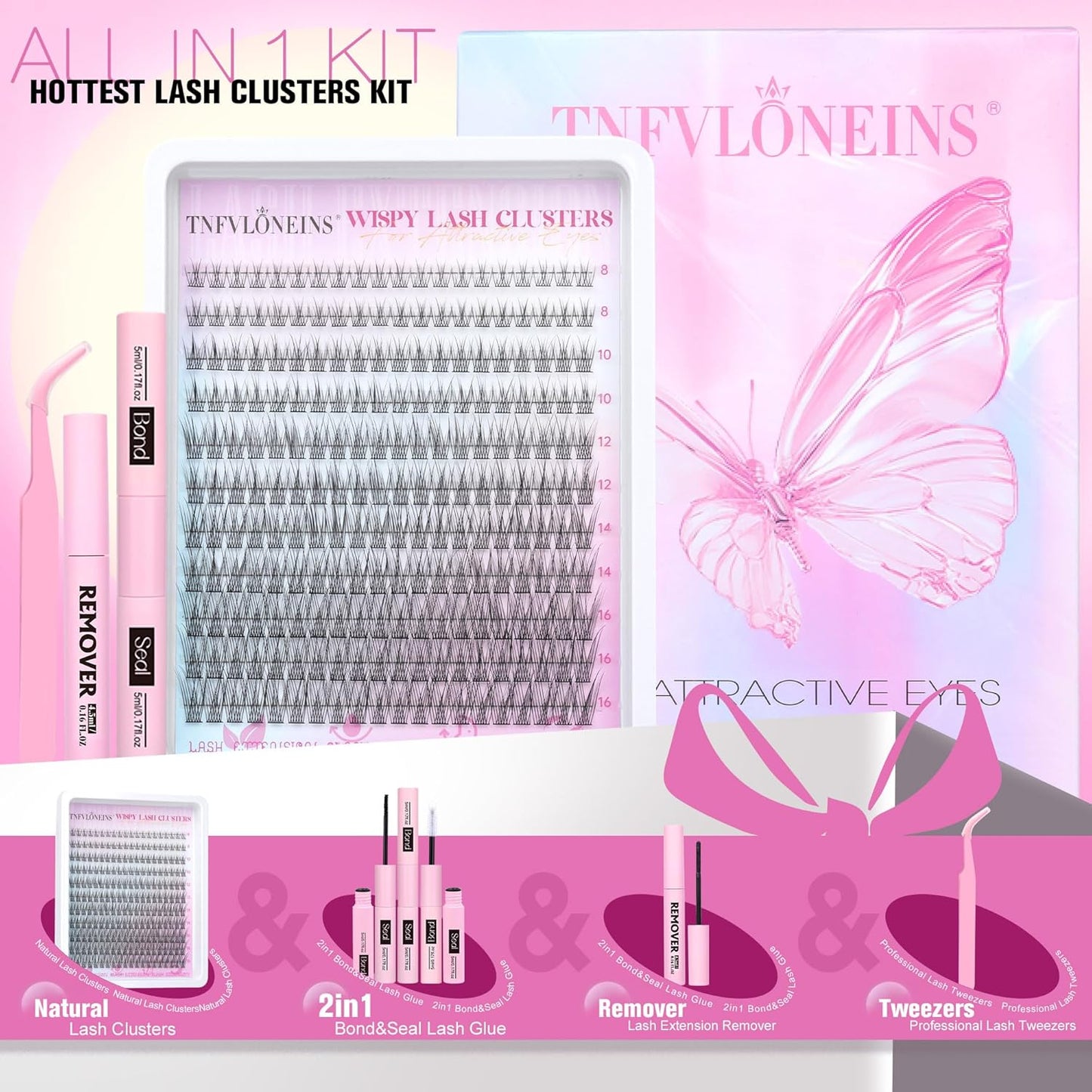 TNFVLONEINS Wispy Lash Clusters Kit 220Pcs Eyelash Extension Kit Natural Lash Extension Kit CC Volume Eyelash Clusters Short Individual Lashes Clusters 3D Eyelash Clusters Kit with Remover - Glowelle