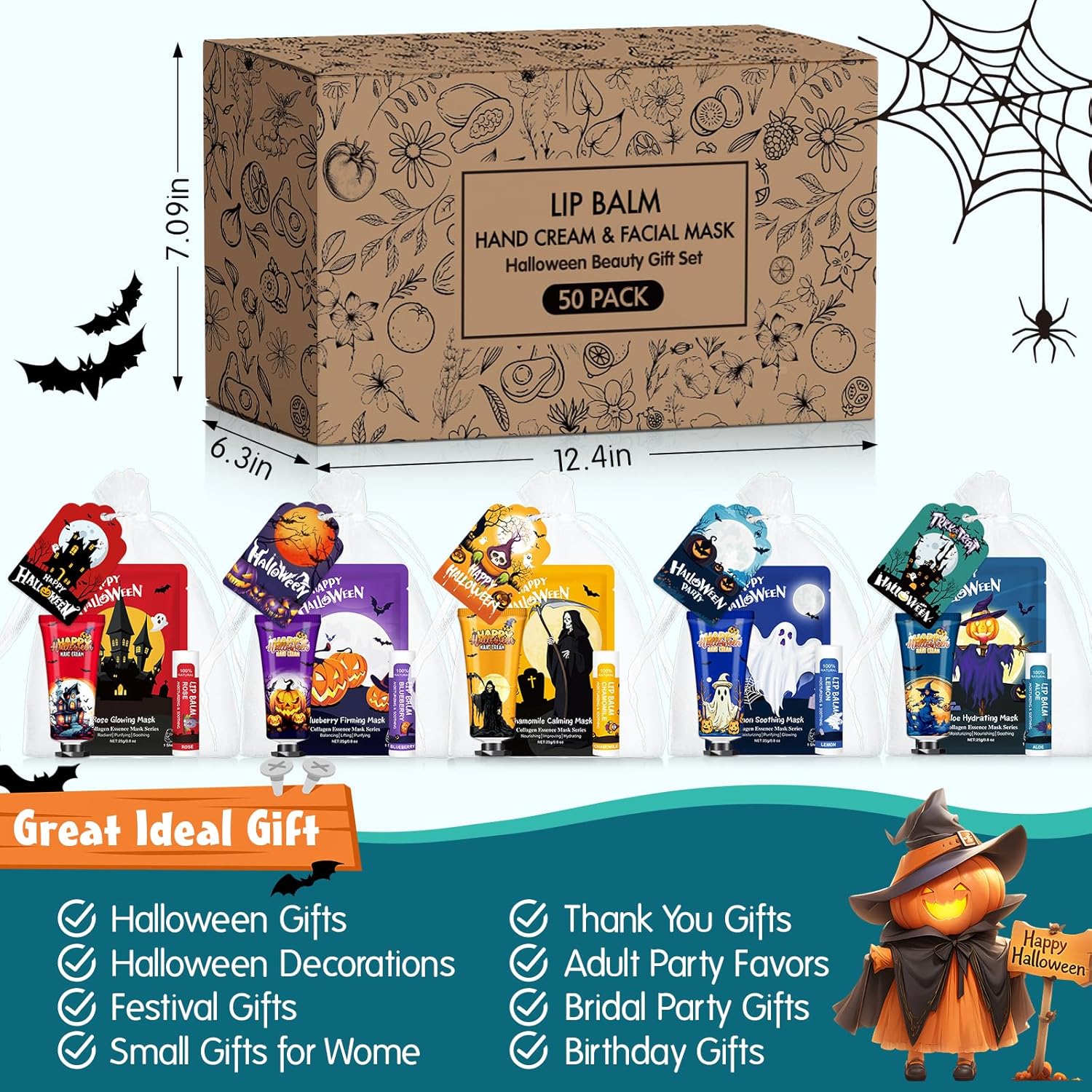 VESPRO 50 Pack Halloween Hand Cream, Facial Mask and Lip Balm Set, Bulk Halloween Gifts for Women, Halloween Decorations, Halloween Party Favors, Halloween Basket Stuffers and Halloween Skincare - Glowelle