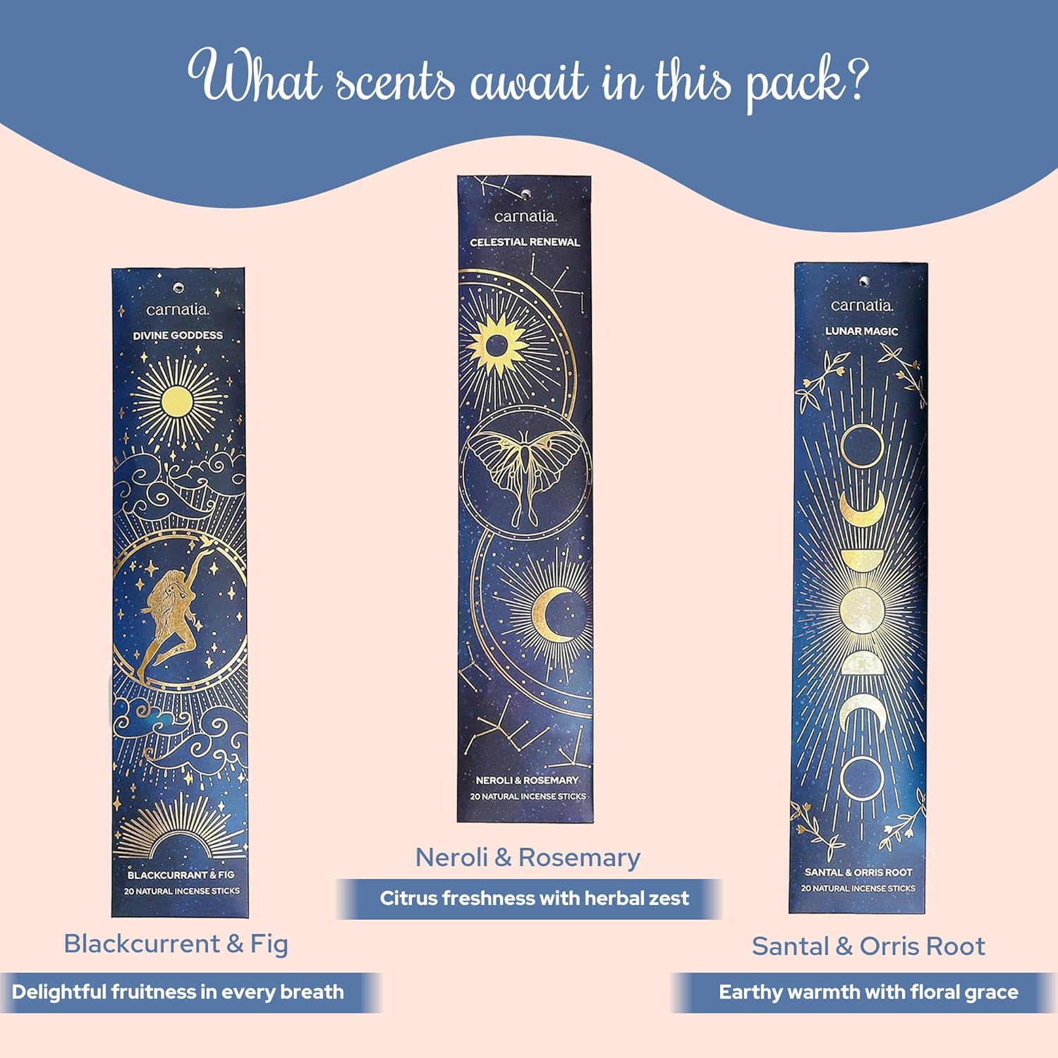Carnatia Starry Spell Incense Sticks – Set of 6 Mystical Scents, 120 Premium Sticks for Creativity, Focus, Manifestation & Meditation | Natural, Slow-Burning for Spiritual Rituals & Self-Care! - Glowelle