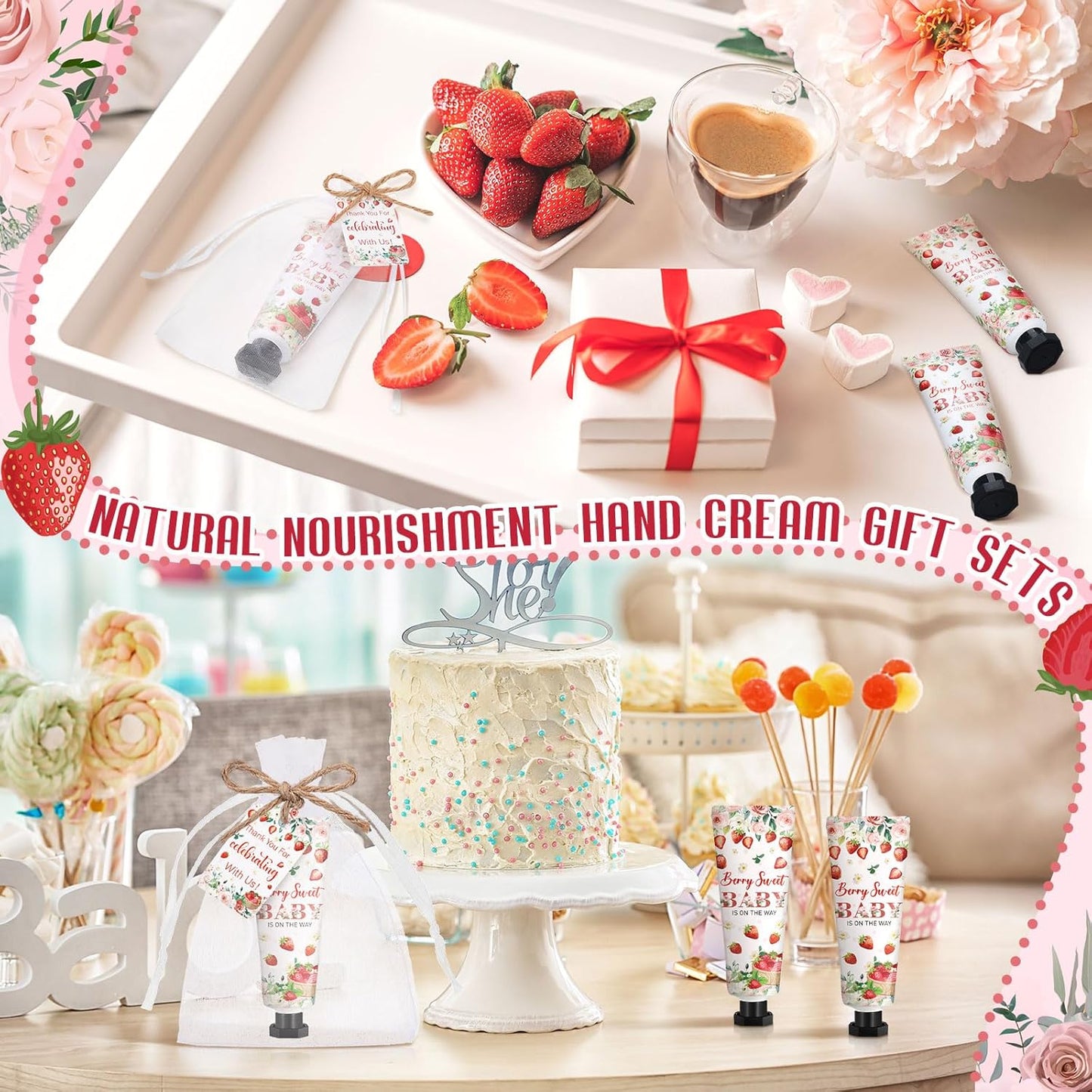 48 Sets Strawberry Hand Cream Gifts Baby Shower Party Hand Cream Favors for Guests Berry Sweet Baby Is on the Way Gift Bulk Travel Size Hand Lotion Set for Guest - Glowelle