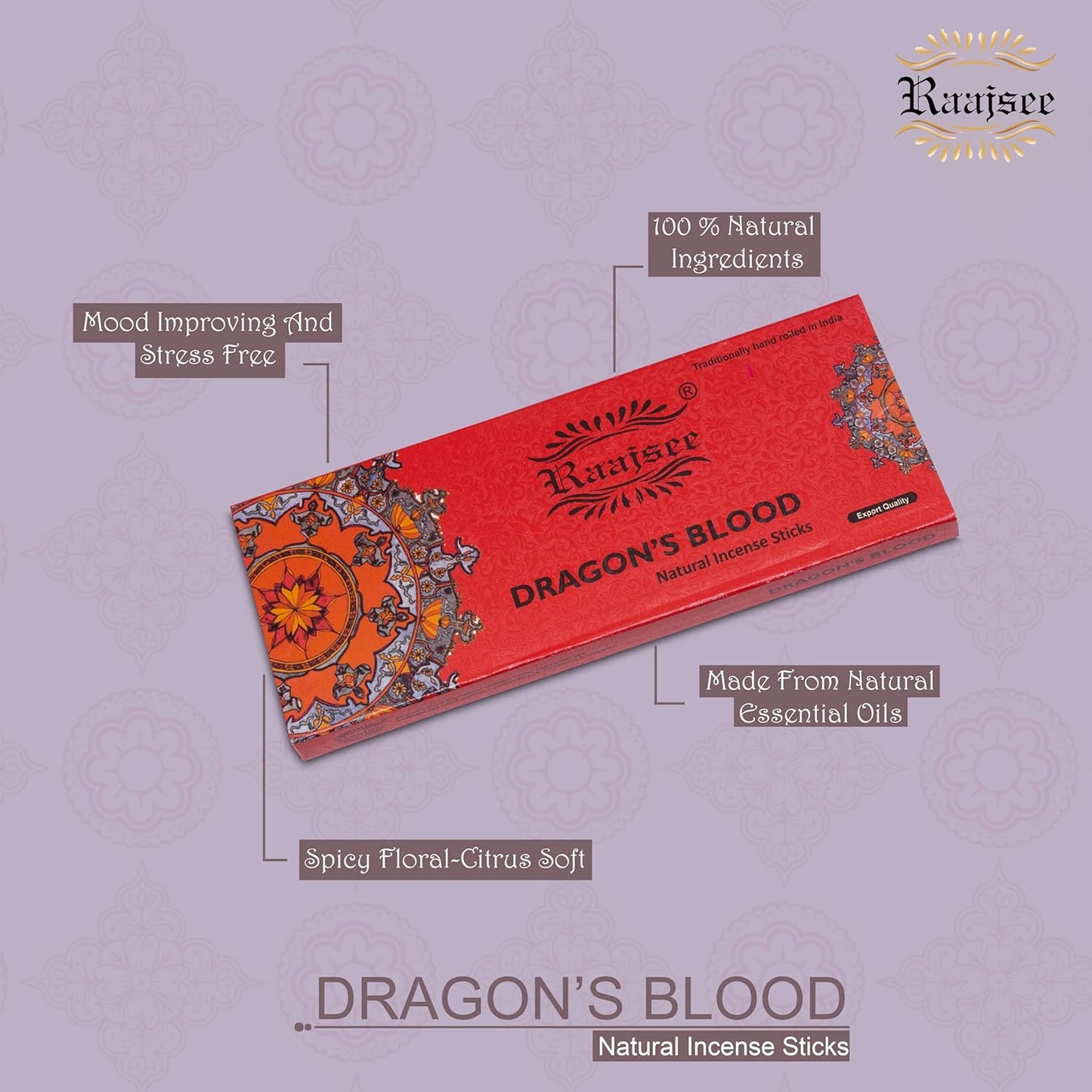 Raajsee Dragon Blood Incense Sticks 100 Gm Pack-100% Pure Organic Natural Hand Rolled Free from Chemicals-for Church,Aroma Therapy,Relaxation,Meditation & Sensual Therapy - Glowelle