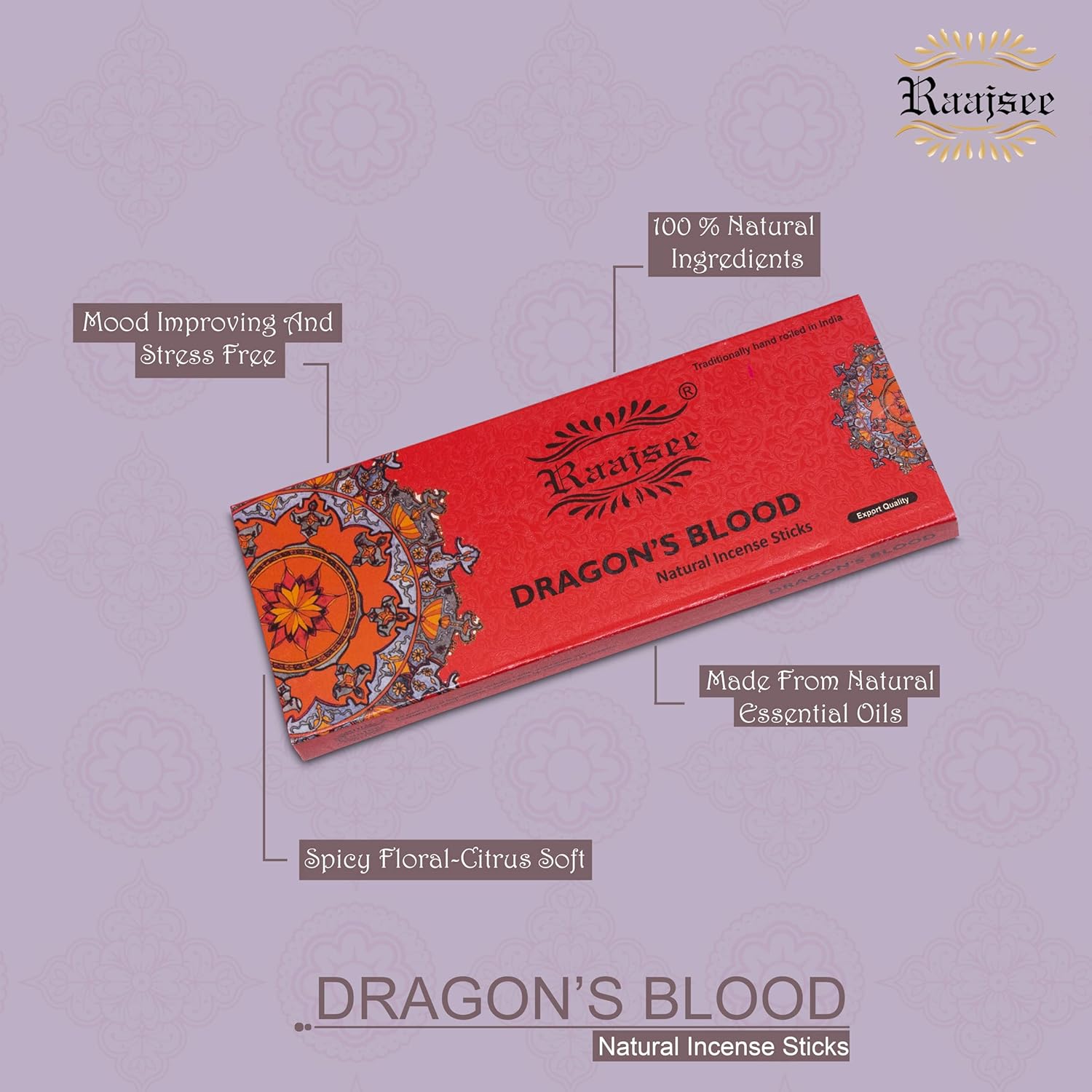 Raajsee Dragon Blood Incense Sticks 100 Gm Pack-100% Pure Organic Natural Hand Rolled Free from Chemicals-for Church,Aroma Therapy,Relaxation,Meditation & Sensual Therapy - Glowelle