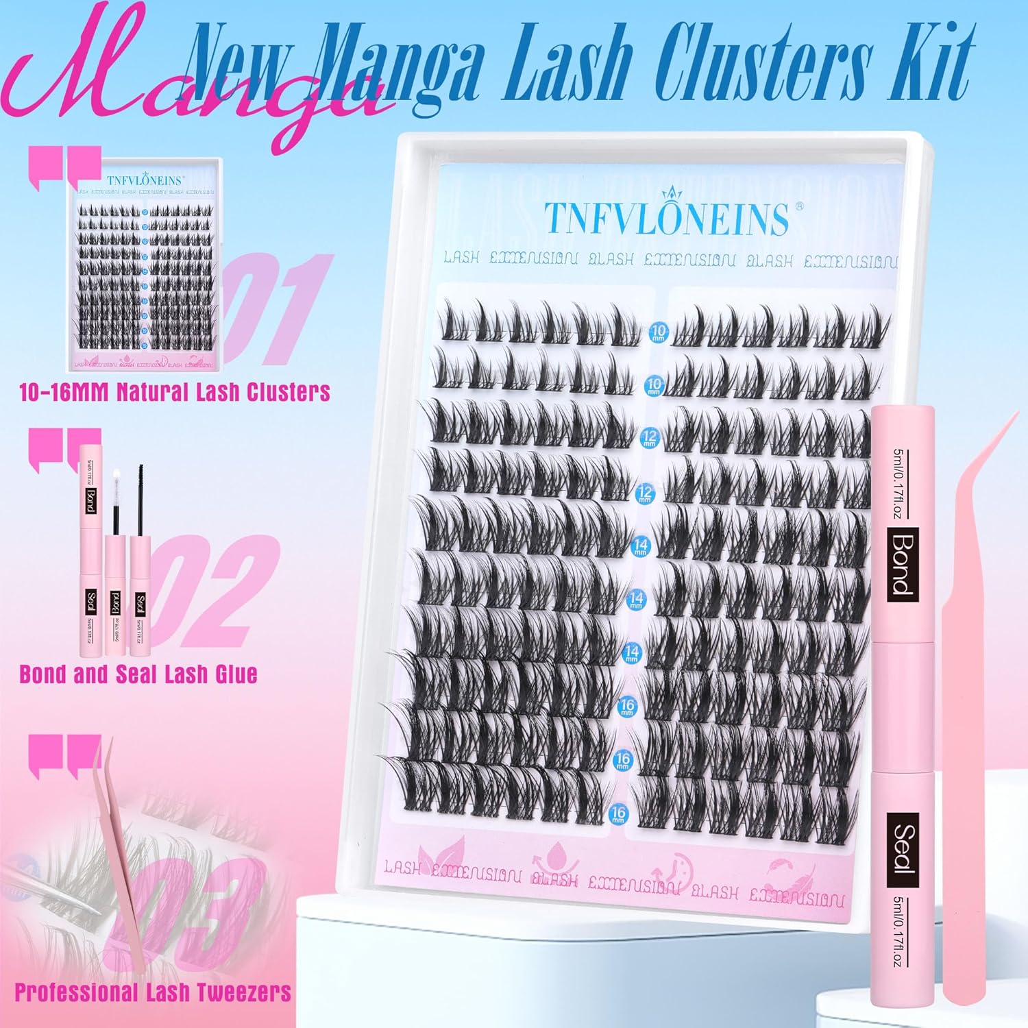Manga Lash Clusters Kit Natural Lash Extension Kit Wispy Eyelash Extension Kit Soft Eyelash Clusters Anime Individual Lashes Kit Cluster Eyelash Extensions with Bond and Seal and Tweezers TNFVLONEINS - Glowelle