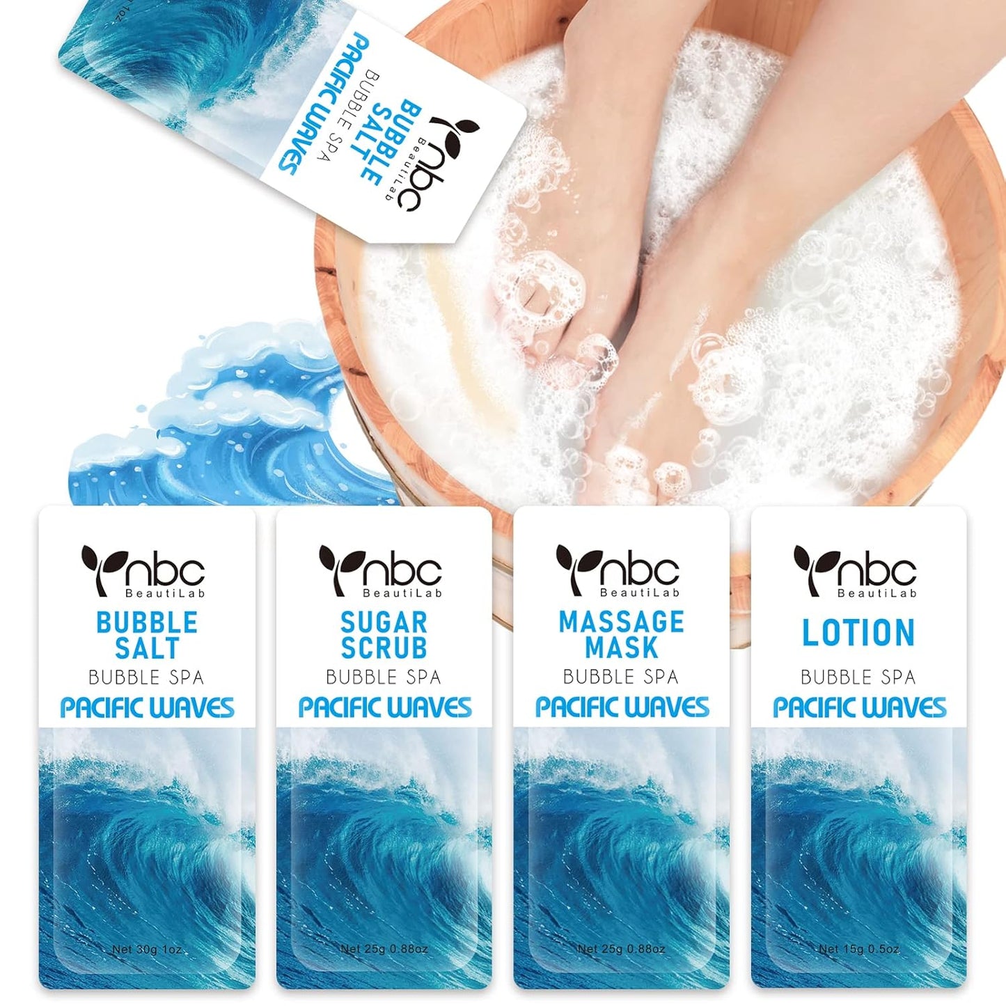 Pedicure Kit Foot Soak Set: Bubble Salt, Sugar Scrub, Massage Mask, Massage Lotion in a Box, 4 Step Foot Spa Kit for Dry Feet, Softens Calluses(1 Set Pacific Waves)