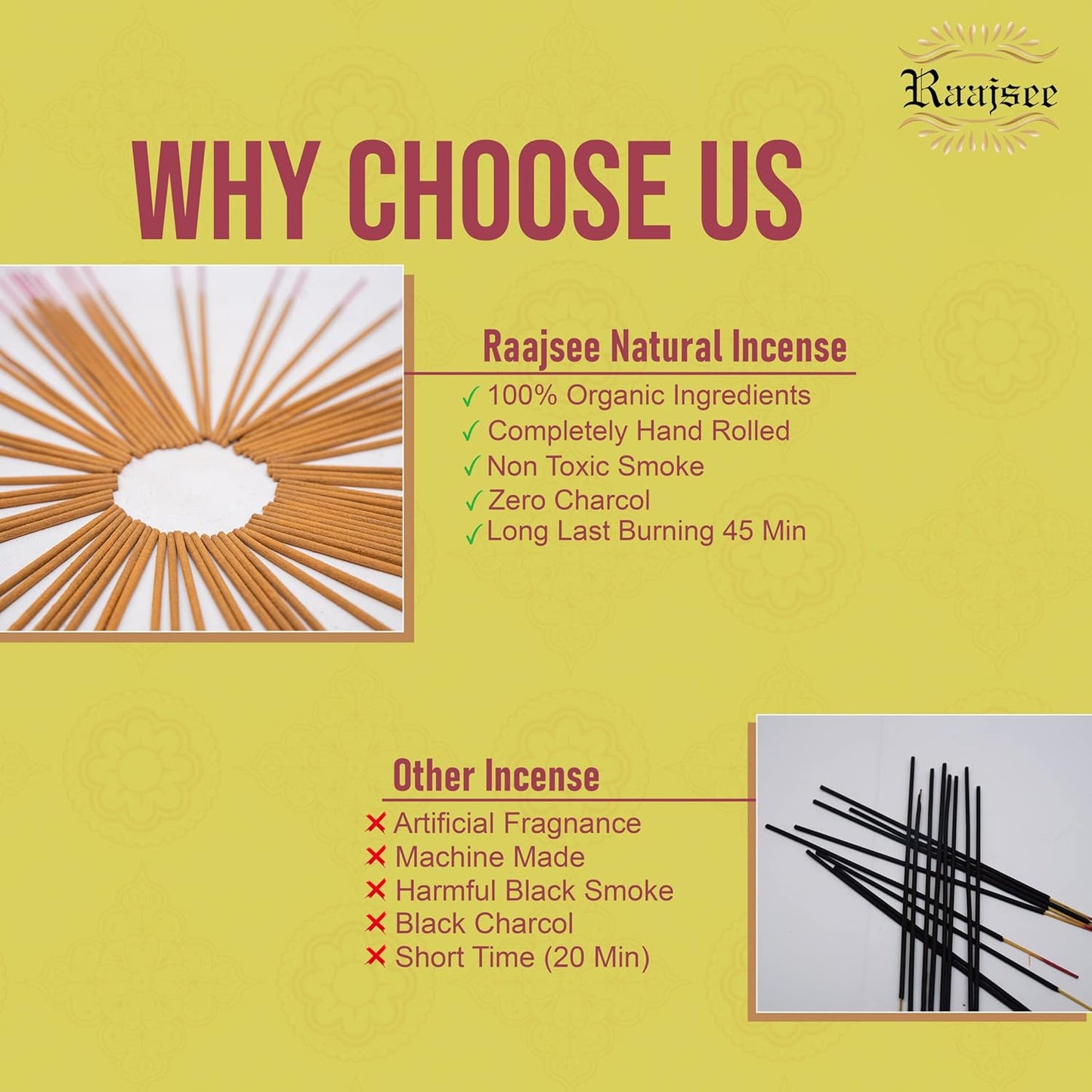 Raajsee Citronella Incense Sticks 100 gm Pack-100% Pure Organic Natural Hand Rolled Free from Chemicals-Perfect for Church,Aromatherapy,Relaxation,Meditation,Positivity & Sensual Therapy - Glowelle