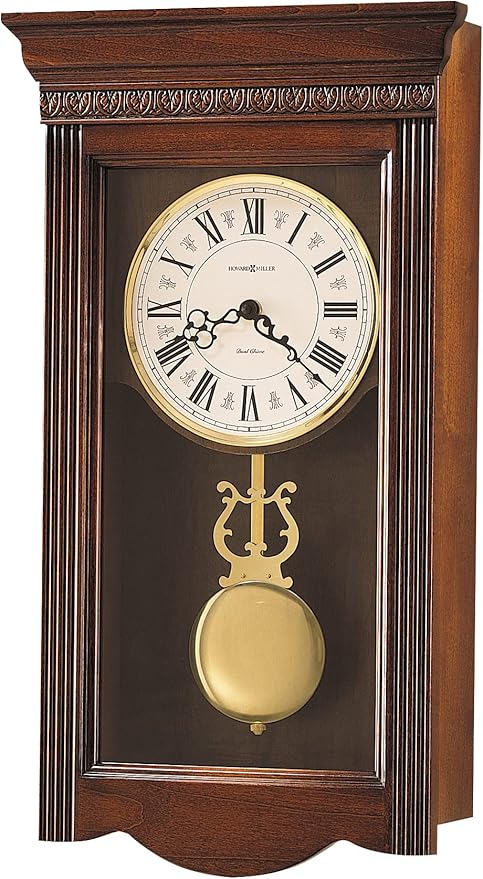Howard Miller Eastmont Wall Clock, Wooden Finish with Golden Pendulum | Round Cream Dial with Roman Numerals & Volume Control Dual-Chime Movement Best for Living Room Office & Home Decor