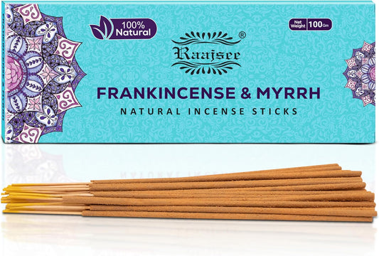 Raajsee Frankincense & Myrrh Incense Sticks, 100%-Natural Charcoal Free Organic Non Toxic Clean Burning Handmade Insence Sticks 100 gm Pack, Meditation Gifts – Spritual Cleansing - Glowelle