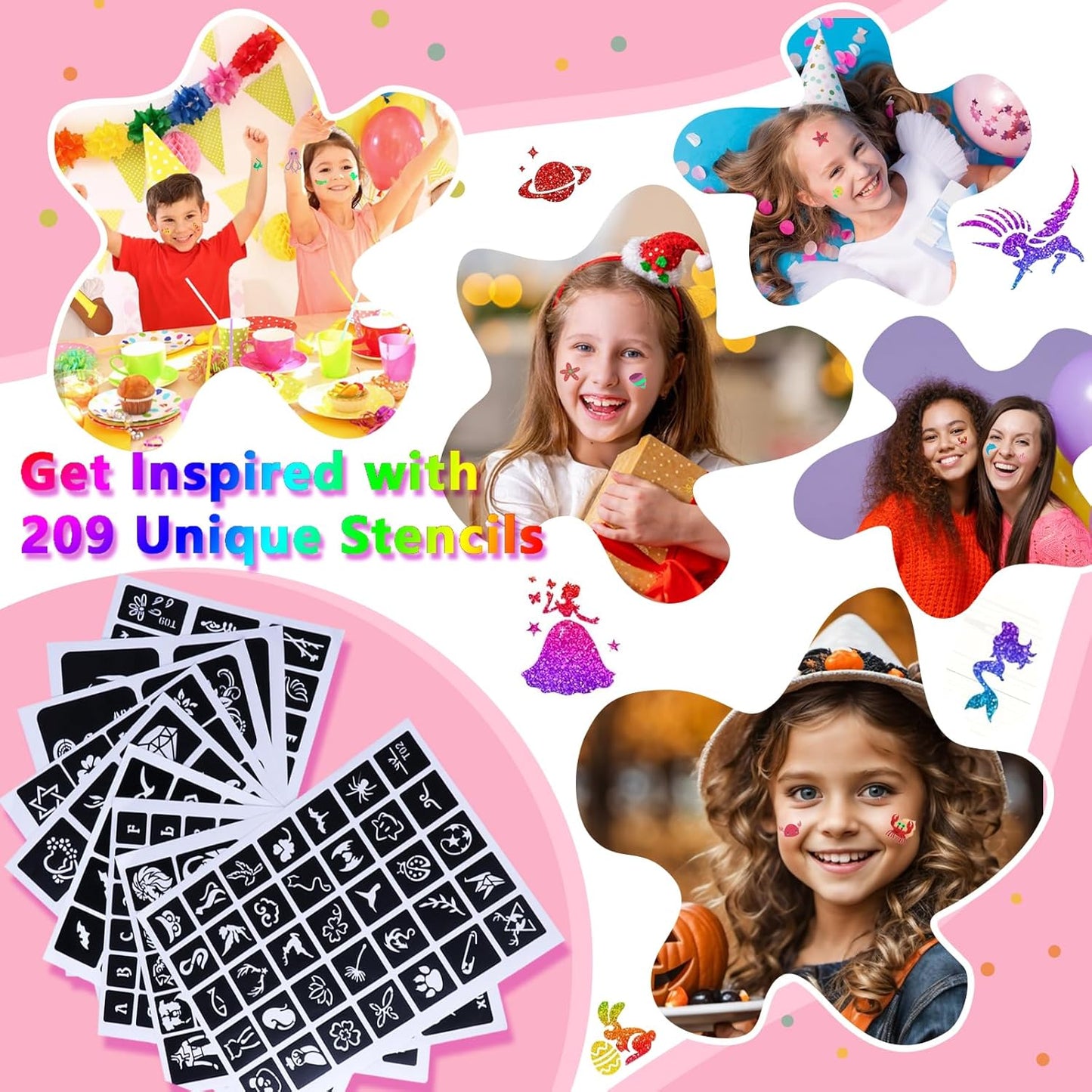 Temporary Glitter Tattoos Kit Kids, 48 Colors Powder with 209 Temporary Tattoo Stencils and 5 Luminous Tattoo Stickers, Body Nail Arts and Craft Glitter Make Up Kit, Gifts for Girl Boy Party