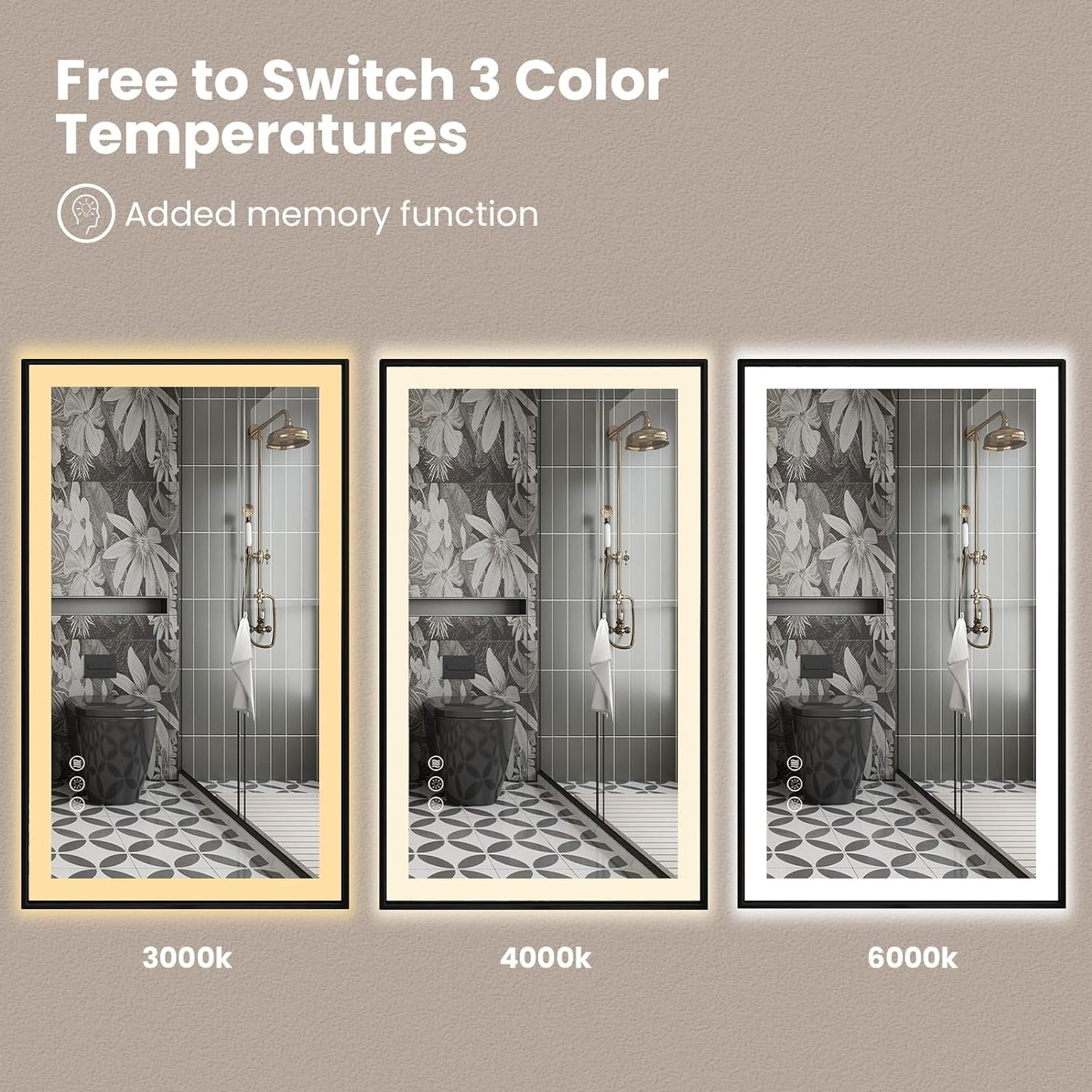 Amorho 55" X40" LED Bathroom Mirror with Black Frame, Front Light and Backlit(Controlled Separately), Stepless Dimmable, Anti-Fog, Shatter-Proof, 3 Colors, Memory