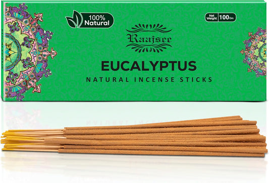Raajsee Incense Sticks Eucalyptus 100 gm Pack-100% Pure Organic Natural Hand Rolled Free from Chemicals-Perfect for Church, Aromatherapy,Relaxation,Meditation,Positivity & Sensual Therapy - Glowelle