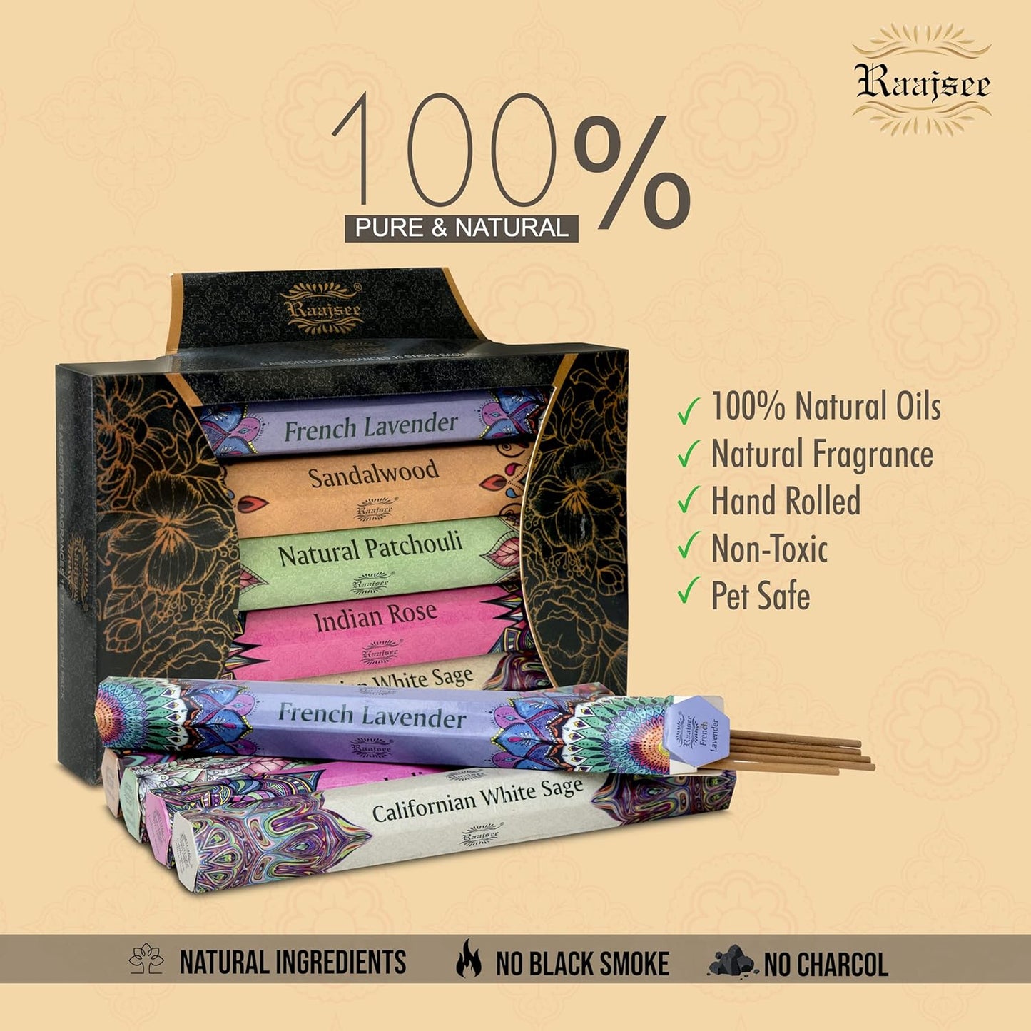 Raajsee Incense Sticks Multipack 15 Sticks x 5 Pack -100% Pure Organic Natural Assorted insense Stick - Hand Rolled Free from Chemicals -Perfect for Church Aromatherapy, Sandalwood,White sage, Rose - Glowelle