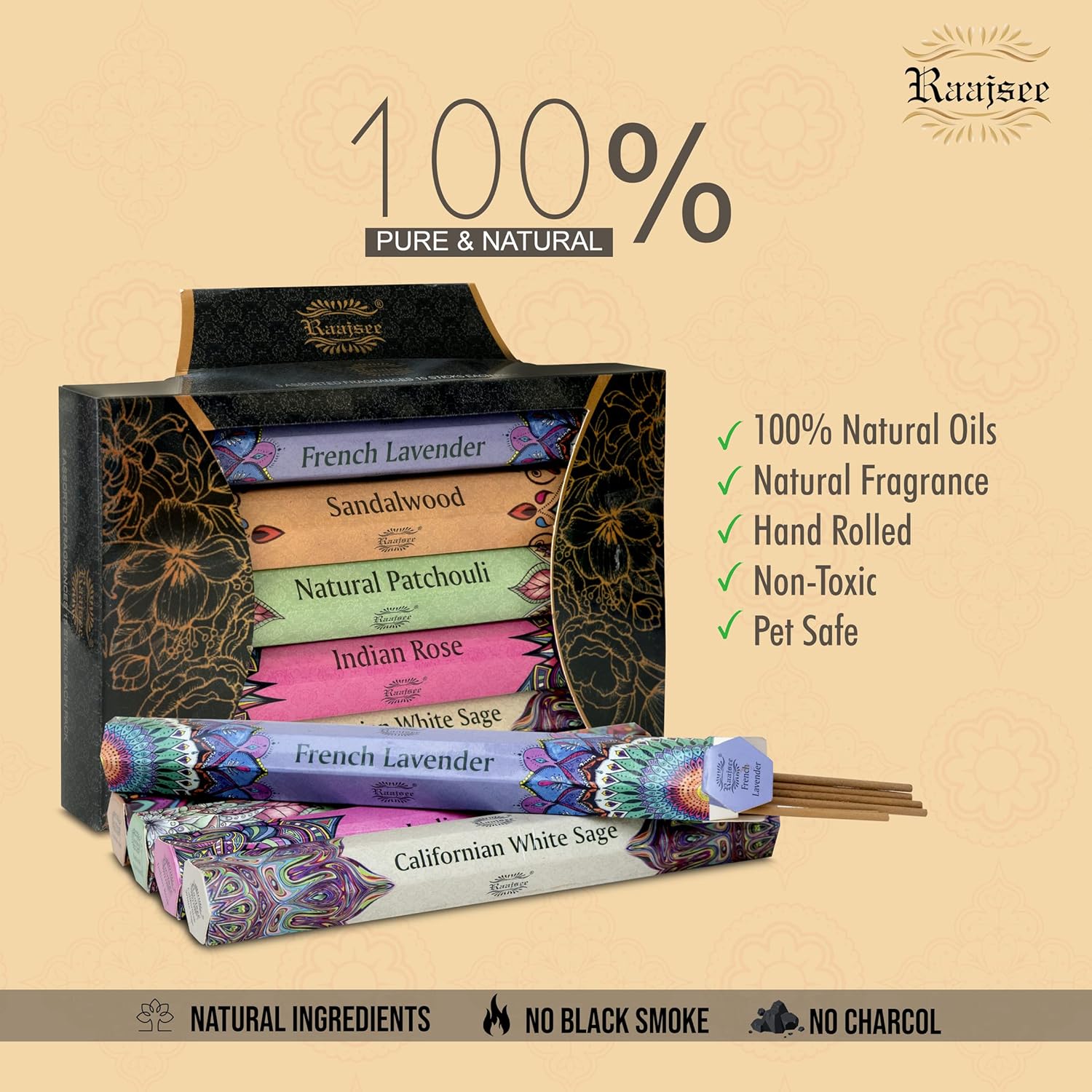 Raajsee Incense Sticks Multipack 15 Sticks x 5 Pack -100% Pure Organic Natural Assorted insense Stick - Hand Rolled Free from Chemicals -Perfect for Church Aromatherapy, Sandalwood,White sage, Rose - Glowelle
