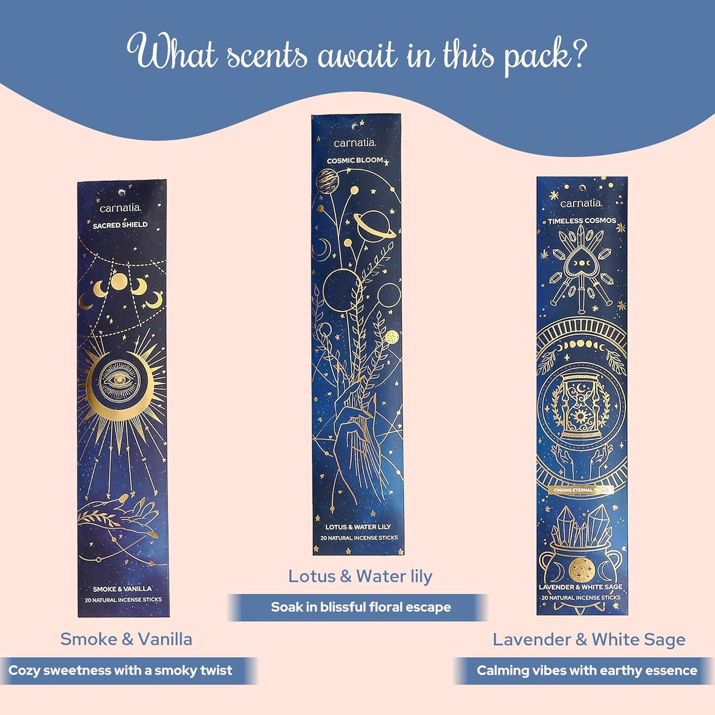 Carnatia Starry Spell Incense Sticks – Set of 6 Mystical Scents, 120 Premium Sticks for Creativity, Focus, Manifestation & Meditation | Natural, Slow-Burning for Spiritual Rituals & Self-Care! - Glowelle