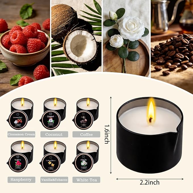 6 Pack Low Temperature Massage Oil Candle Set (2.35 oz Each) - Soy Wax Candles That Melt into Skin-Nourishing Body Oil, 6 Assorted Scents for Home Spa, Massage Therapy, Relaxation, Self-Care & Festive