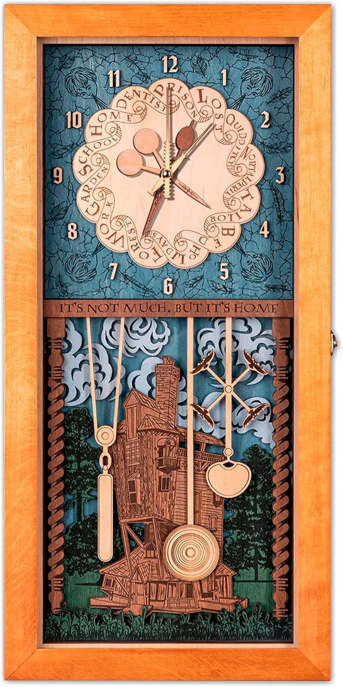 ZE WOOD Weasley Family Harry Potter 3D Wall Clock - Unique Collectible Oak Brown Wooden Clock, Silent Large Modern Rustic Decorative Home Decor for Harry Potter Fans, Mother's Day Gift (3 spoons, XL)