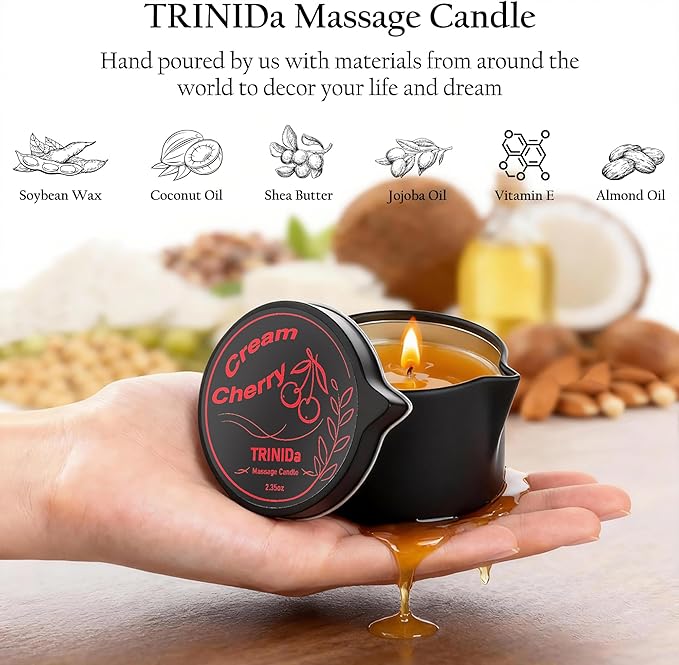 TRINIDa Low Temperature Massage Oil Candle 2.35oz - Soy Wax & Coconut Oil Blend, Moisturizes Skin,Stress Relief, Couples Massage & Home SPA, Romantic Gift Massage Scented Candle (Cream Cherry Scent)