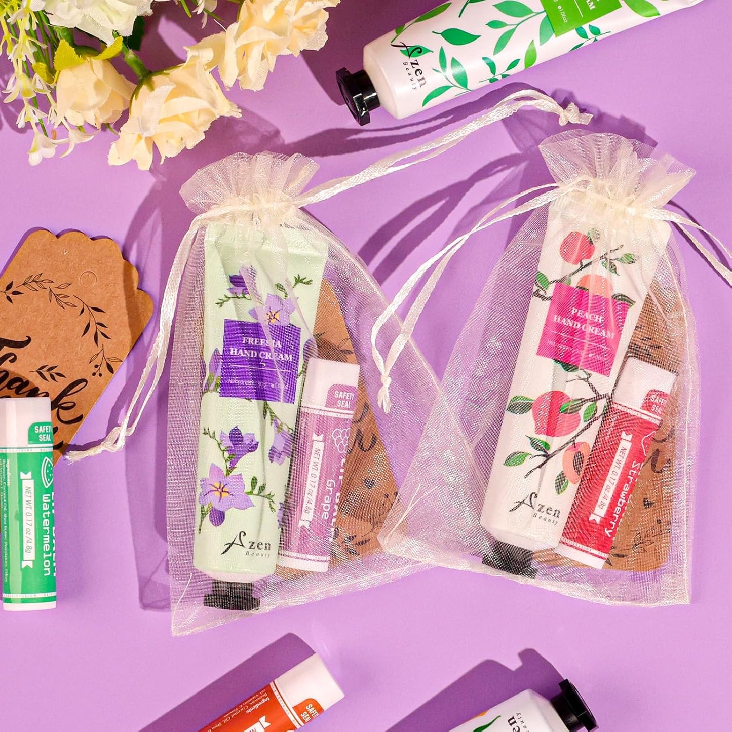 AZEN 120 Sets Bulk Gifts, Hand Cream and Lip Balm Bulk Set with Organza Bag Thank You Card, Baby Shower Wedding Gifts for Guests, Bridal Wedding Favors for Guests,Thank You Gifts for Women - Glowelle