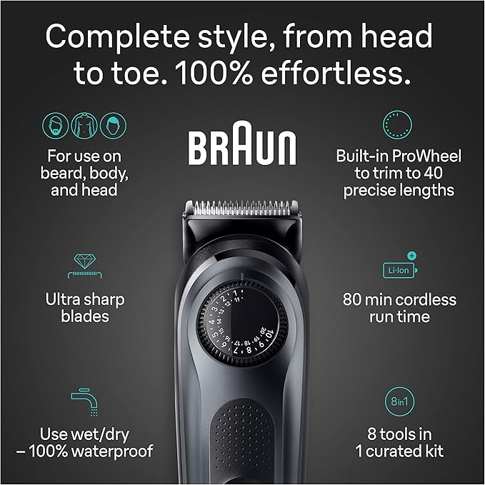 Braun All-in-One Style Kit Series 5 5471, 8-in-1 Trimmer for Men with Beard Trimmer, Body Trimmer for Manscaping, Hair Clippers & More, Ultra-Sharp Blade, 40 Length Settings, Waterproof