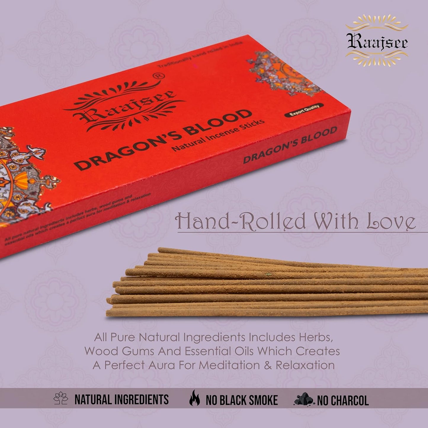 Raajsee Dragon Blood Incense Sticks 100 Gm Pack-100% Pure Organic Natural Hand Rolled Free from Chemicals-for Church,Aroma Therapy,Relaxation,Meditation & Sensual Therapy - Glowelle