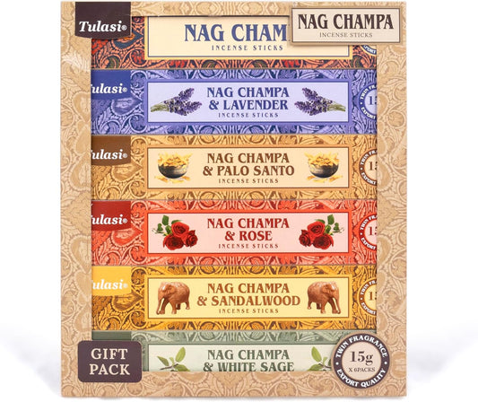 Tulasi Nag Champa Incense Sticks Gift Pack of 6, Hand Rolled Fragrance Incense Sticks for Aromatherapy, Relaxing, Yoga, Meditation, Prayer, Agarbatti Stick with Natural Oils (15gm x 6) - Glowelle