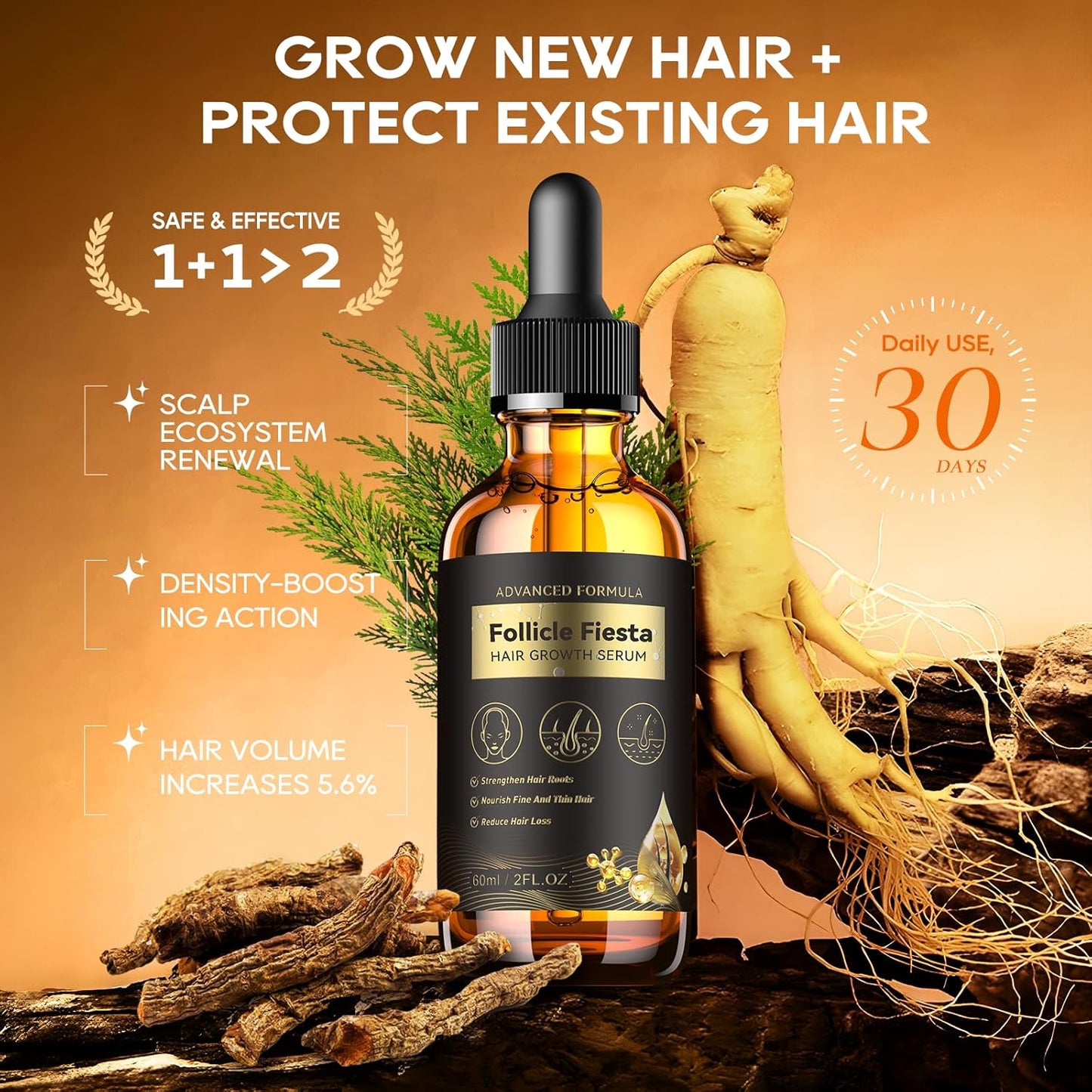 Women‘s Hair Growth Serum Oil, 100% Veganic Natural Herbal Extracts, Root Revive Visibly Thickening Fuller Hair, Follicle Stimulator Scalp Serum for Hair Loss/Shedding,Thin, Dry & Damaged Treatment - Glowelle