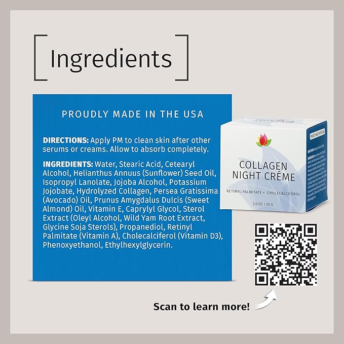 Reviva Labs Collagen Night Cream – Hydrating Face Cream for Women with Hydrolyzed Collagen and Natural Oils for Youthful, Supple Skin – Firming Moisturizer for Face & Neck Area, 2 oz