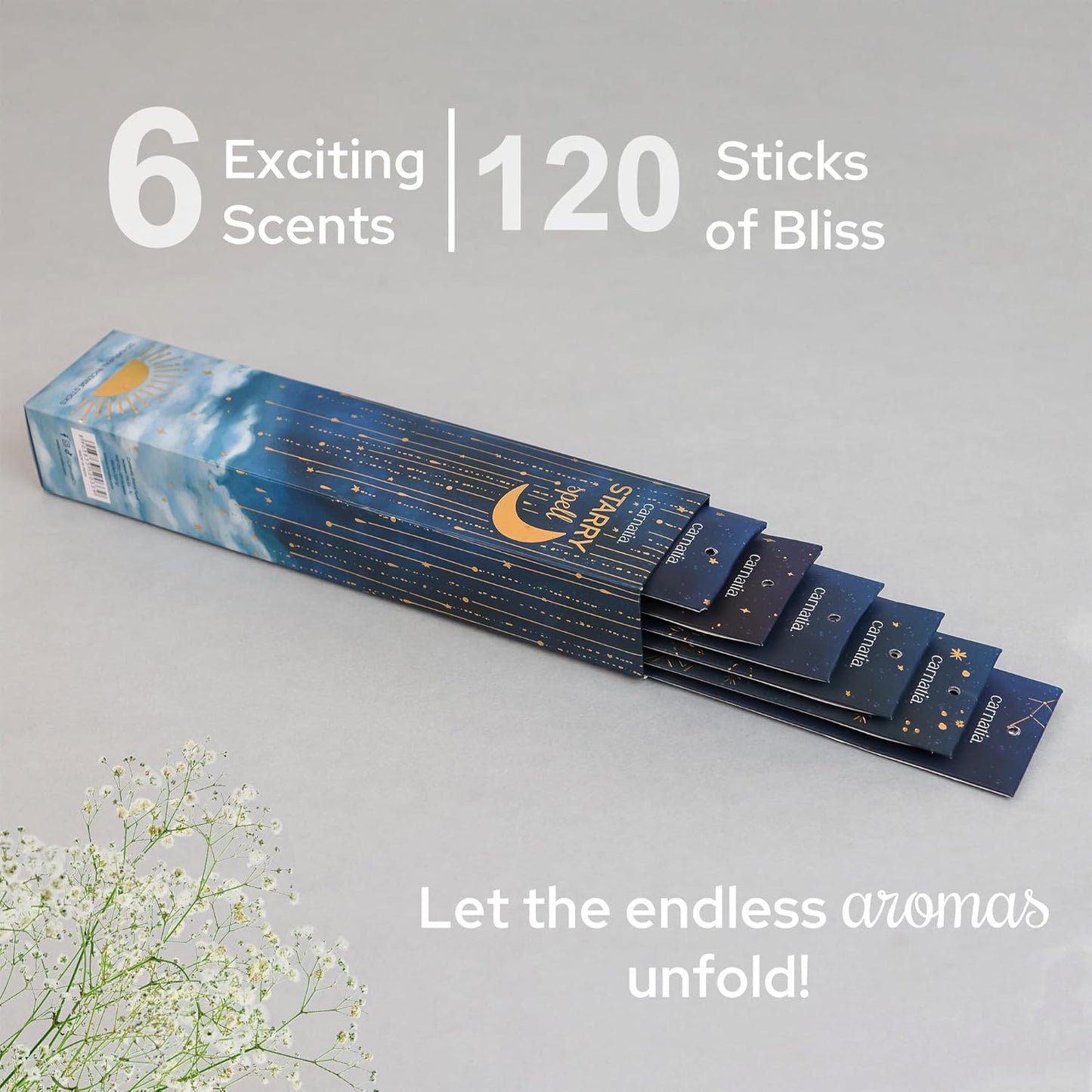 Carnatia Starry Spell Incense Sticks – Set of 6 Mystical Scents, 120 Premium Sticks for Creativity, Focus, Manifestation & Meditation | Natural, Slow-Burning for Spiritual Rituals & Self-Care! - Glowelle