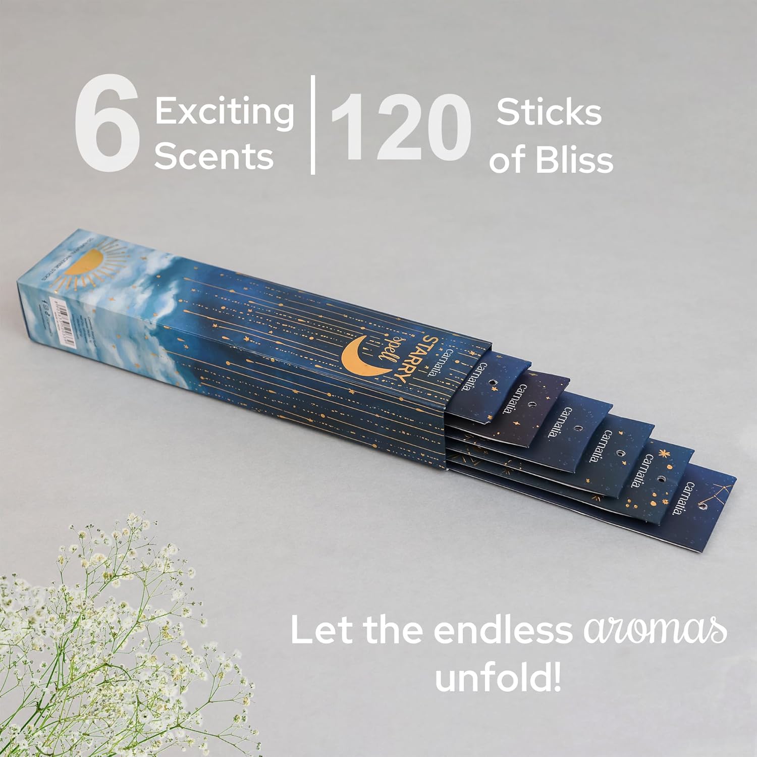 Carnatia Starry Spell Incense Sticks – Set of 6 Mystical Scents, 120 Premium Sticks for Creativity, Focus, Manifestation & Meditation | Natural, Slow-Burning for Spiritual Rituals & Self-Care! - Glowelle