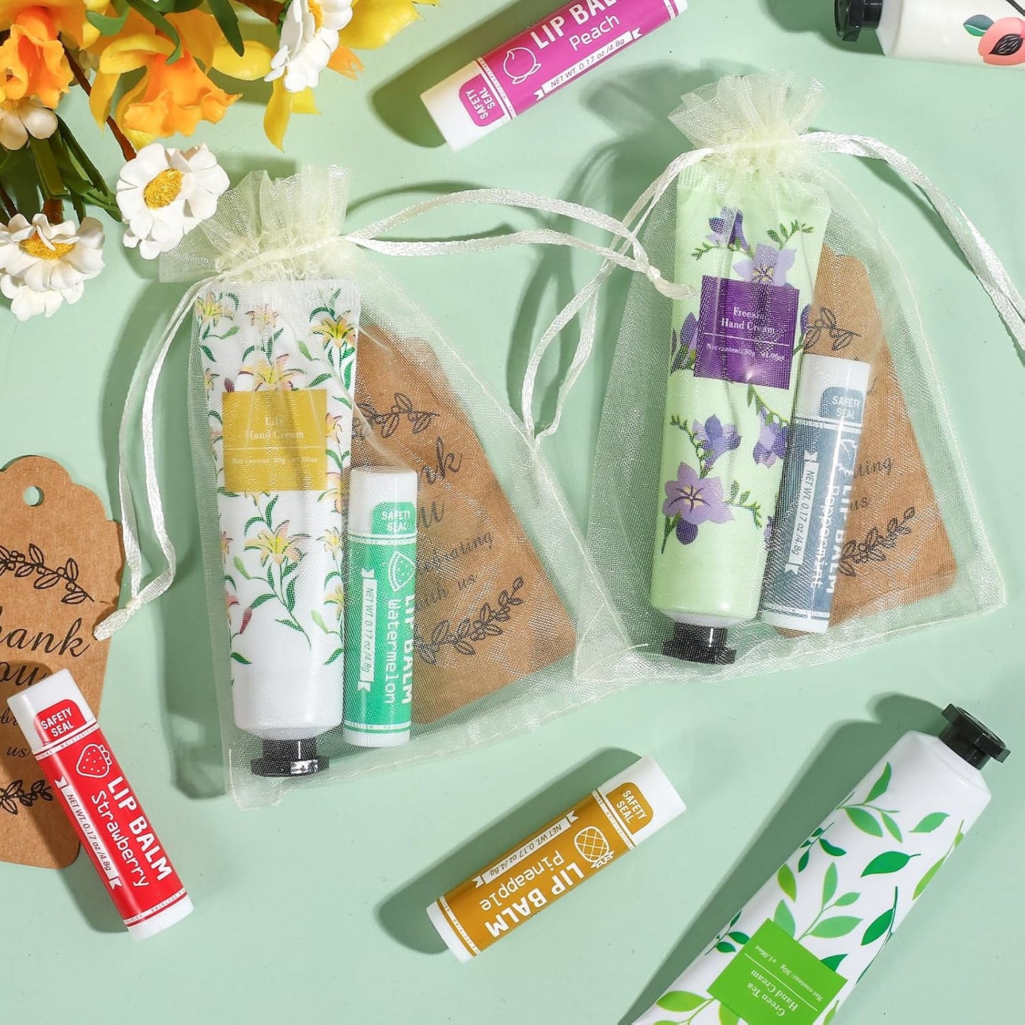 AZEN 60 Sets Bulk Gifts, Hand Cream and Lip Balm Bulk Set with Organza Bag Thank You Card, Baby Shower Wedding Gifts for Guests, Bridal Wedding Favors for Guests,Thank You Gifts for Women - Glowelle