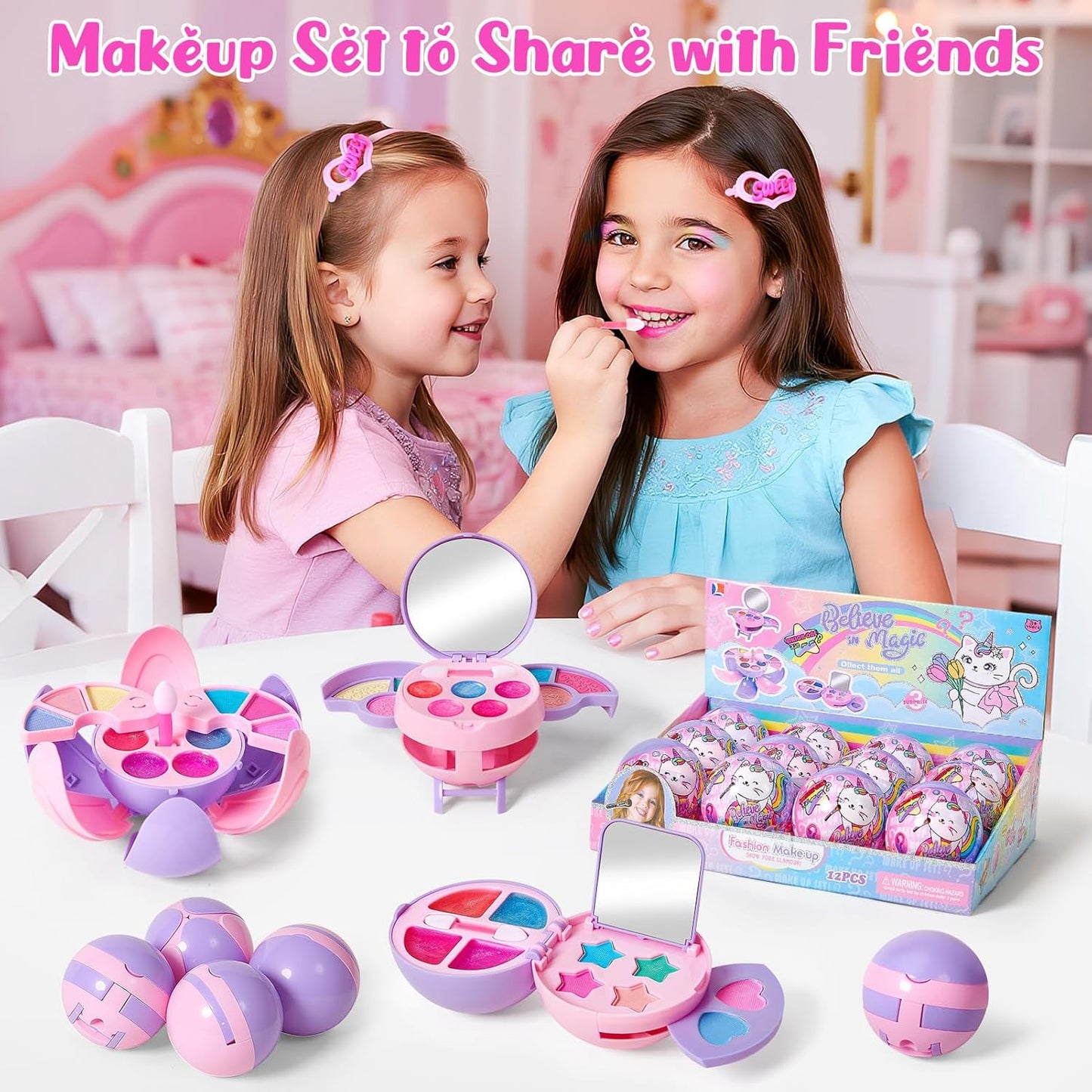 12 Pack Kids Makeup Blind Ball Party Favors - Surprise Cosmetic Blind Balls with Lip Gloss, Eyeshadow & Sponge Blusher (3 Styles, 2 with Mirrors), Party Favors Supplies Gifts for Girls