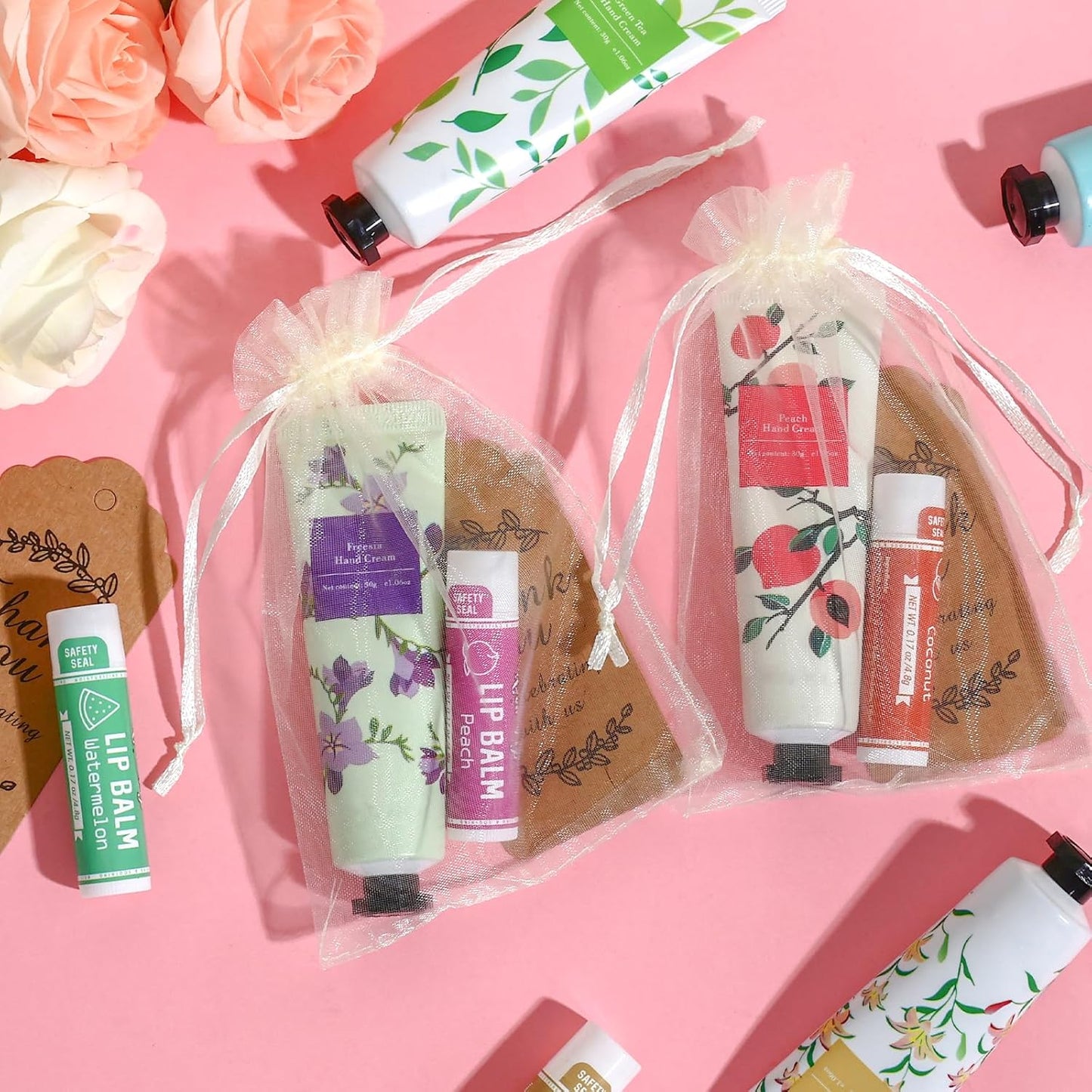 AZEN 60 Sets Bulk Gifts, Hand Cream and Lip Balm Bulk Set with Organza Bag Thank You Card, Baby Shower Wedding Gifts for Guests, Bridal Wedding Favors for Guests,Thank You Gifts for Women - Glowelle