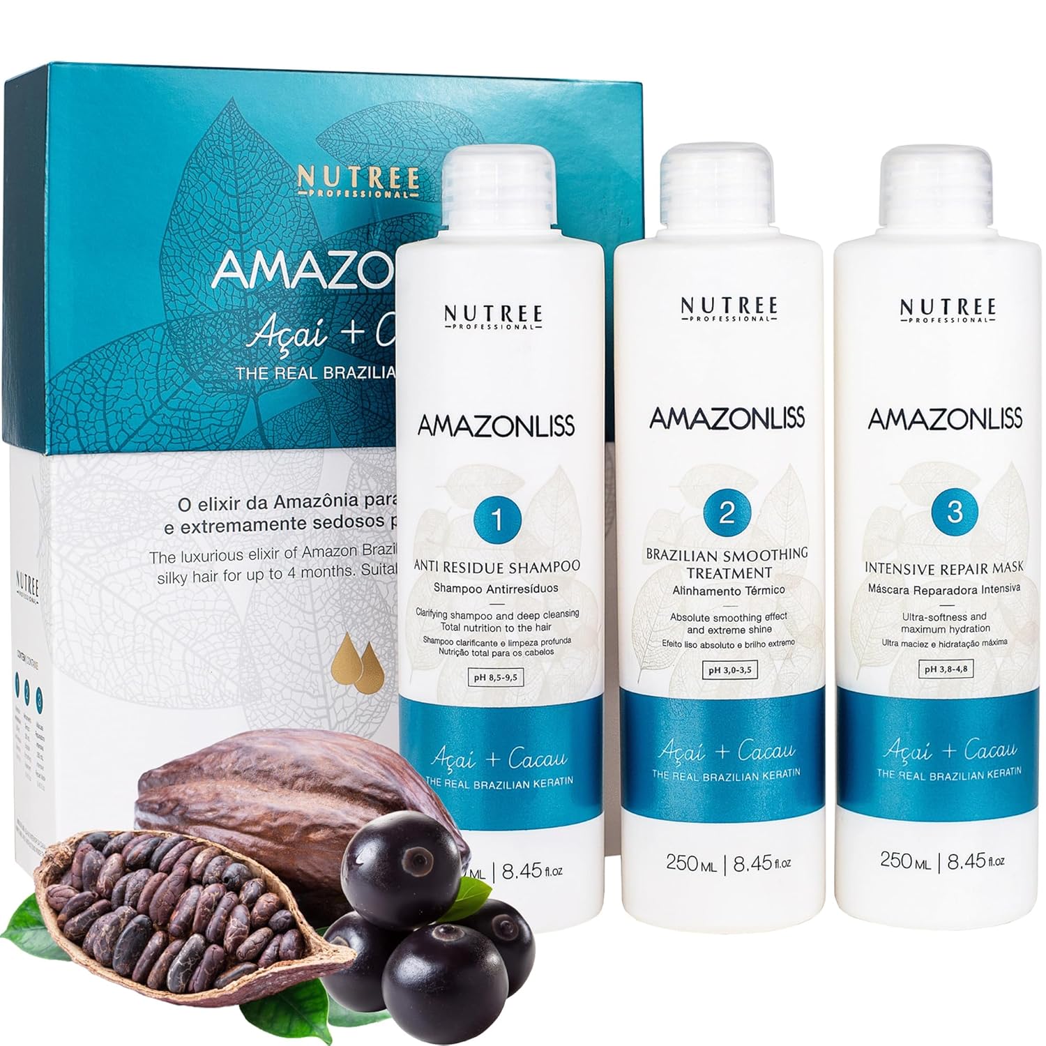 Amazonliss Keratin Hair Treatment Set 8.45 Fl Oz - Natural Ingredients ACAI, Smooths, Softens, Moisturizes, Adds Shine, Reduces Frizz. Ideal for Dry and Damaged Frizzy Hair. - Glowelle