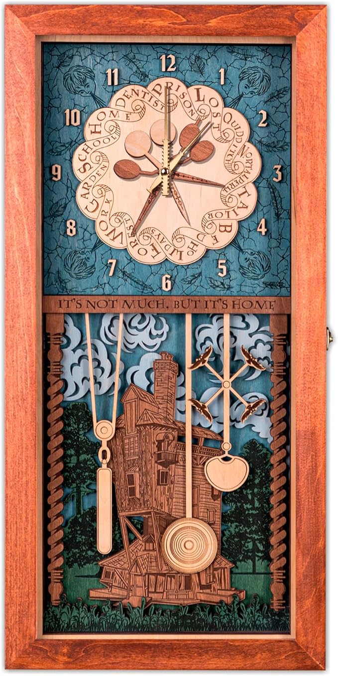 ZE WOOD Weasley Family Harry Potter 3D Wall Clock - Collectible Reddish Brown Wooden Clock, Silent Large Modern Rustic Decorative Home Decor for Harry Potter Fans, Mother's Day Gift (5 spoons, XL)