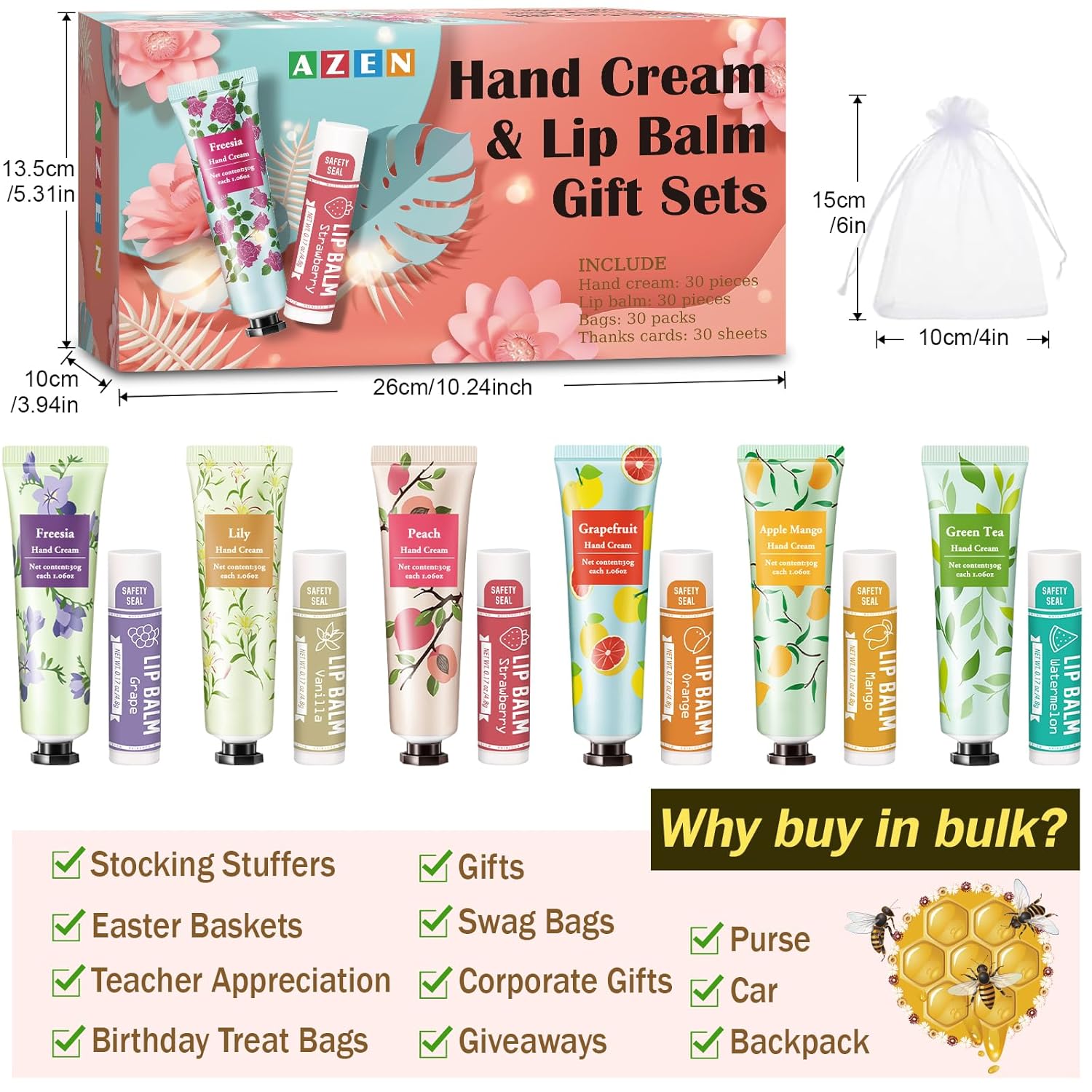 AZEN 30 Sets Bulk Gifts, Hand Cream and Lip Balm Bulk Set with Organza Bag Thank You Card, Baby Shower Wedding Gifts for Guests, Bridal Wedding Favors for Guests,Thank You Gifts for Women - Glowelle