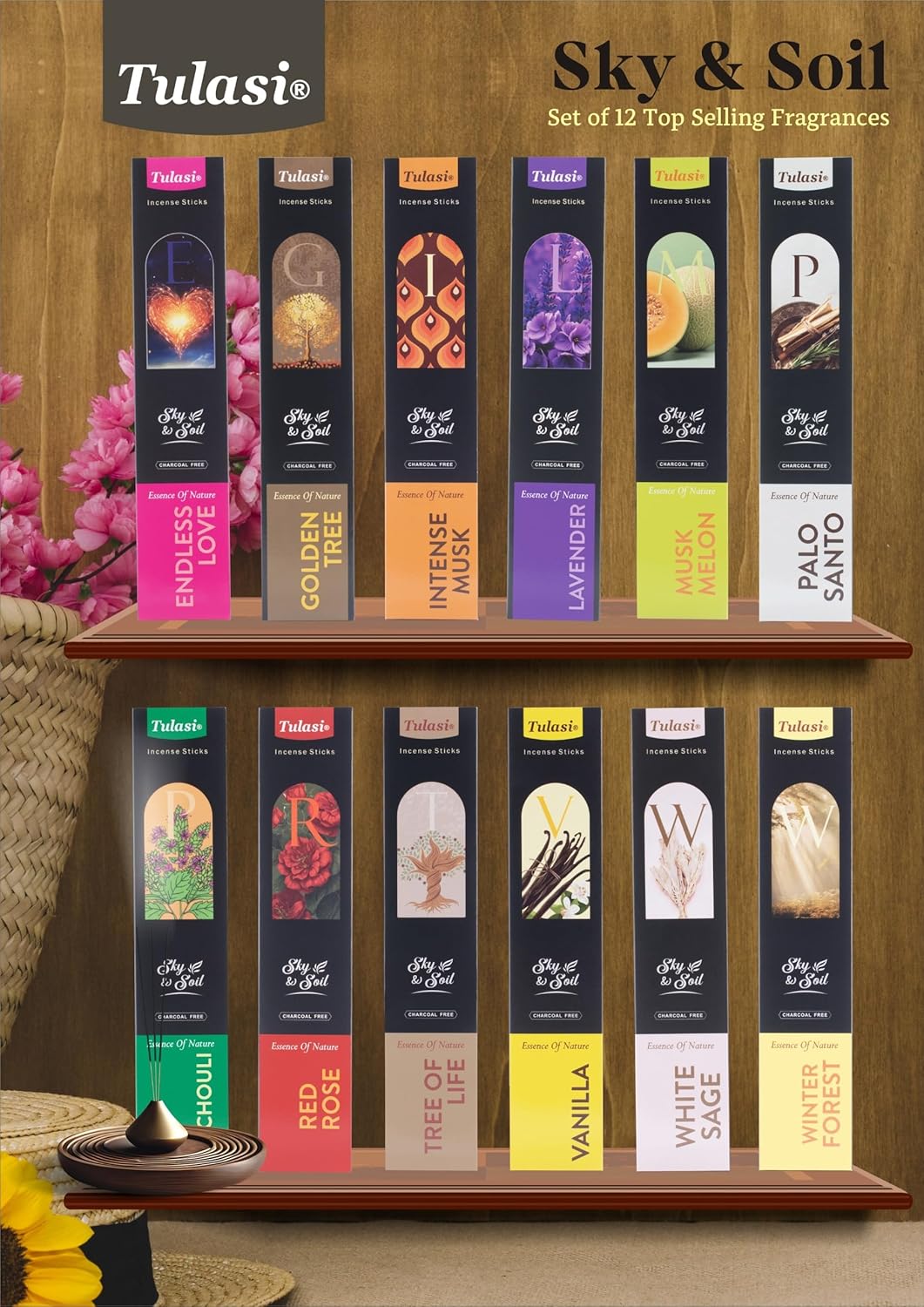 Tulasi Incense Sticks Gift Set – 144 Natural Scented Sticks (12 Fragrances) – Aromatherapy, Meditation, Yoga, Stress Relief, Air Purification – Long-Lasting Fragrance Gift Box (40g) - Glowelle