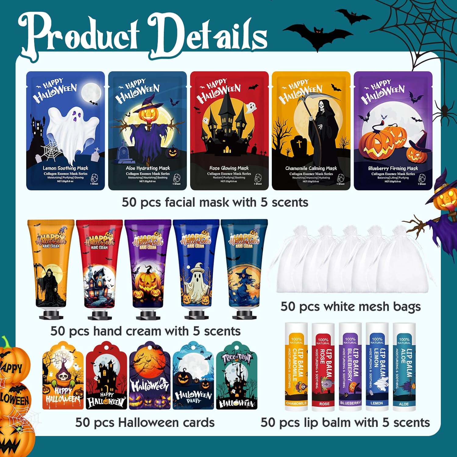 VESPRO 50 Pack Halloween Hand Cream, Facial Mask and Lip Balm Set, Bulk Halloween Gifts for Women, Halloween Decorations, Halloween Party Favors, Halloween Basket Stuffers and Halloween Skincare - Glowelle
