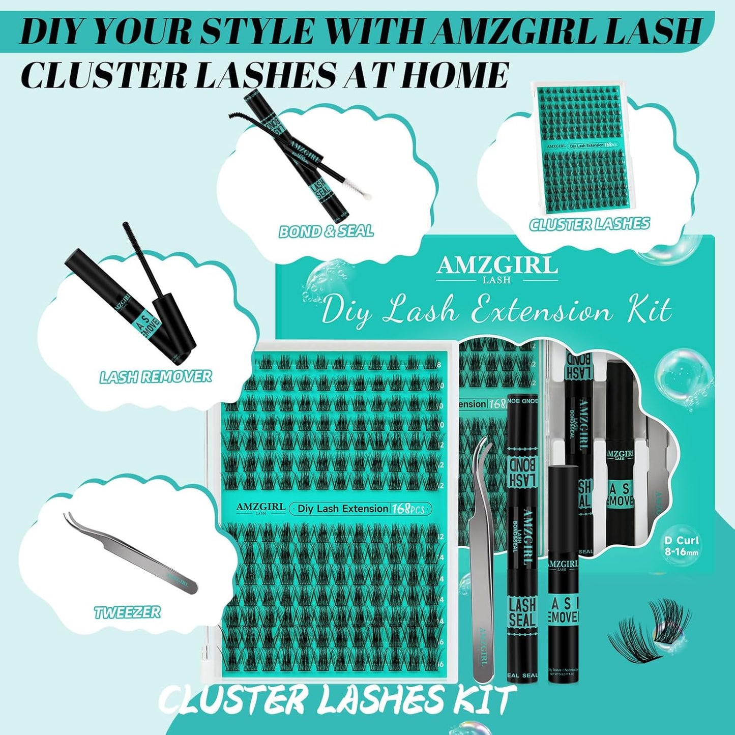 Lash Extension Kit,168Pcs DIY Eyelash Clusters with Bond and Seal Glue Waterproof,Eyelashes Remover for Cluster Extensions for Beginner,Lashes Applicator Tool(Medusa,D-Mix8-16mm Kit) - Glowelle