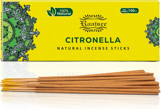 Raajsee Citronella Incense Sticks 100 gm Pack-100% Pure Organic Natural Hand Rolled Free from Chemicals-Perfect for Church,Aromatherapy,Relaxation,Meditation,Positivity & Sensual Therapy - Glowelle