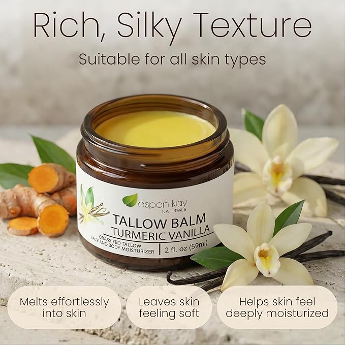 Aspen Kay Naturals Handmade 100% Grass Fed Beef Tallow Balm for Skin Care, Organic Turmeric Moisturizer + Vitamin C (Turmeric Vanilla) Organic Body Butter - 2 fl. oz. Made in USA