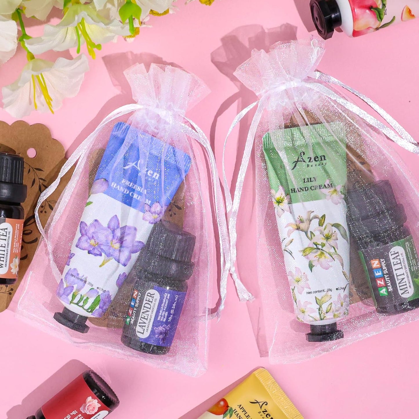 AZEN 60 Sets Bulk Gifts, Hand Cream and Essential Oils Bulk Set with Organza Bag Thank You Card, Baby Shower Wedding Gifts for Guests, Bridal Wedding Favors for Guests,Thank You Gifts for Women - Glowelle