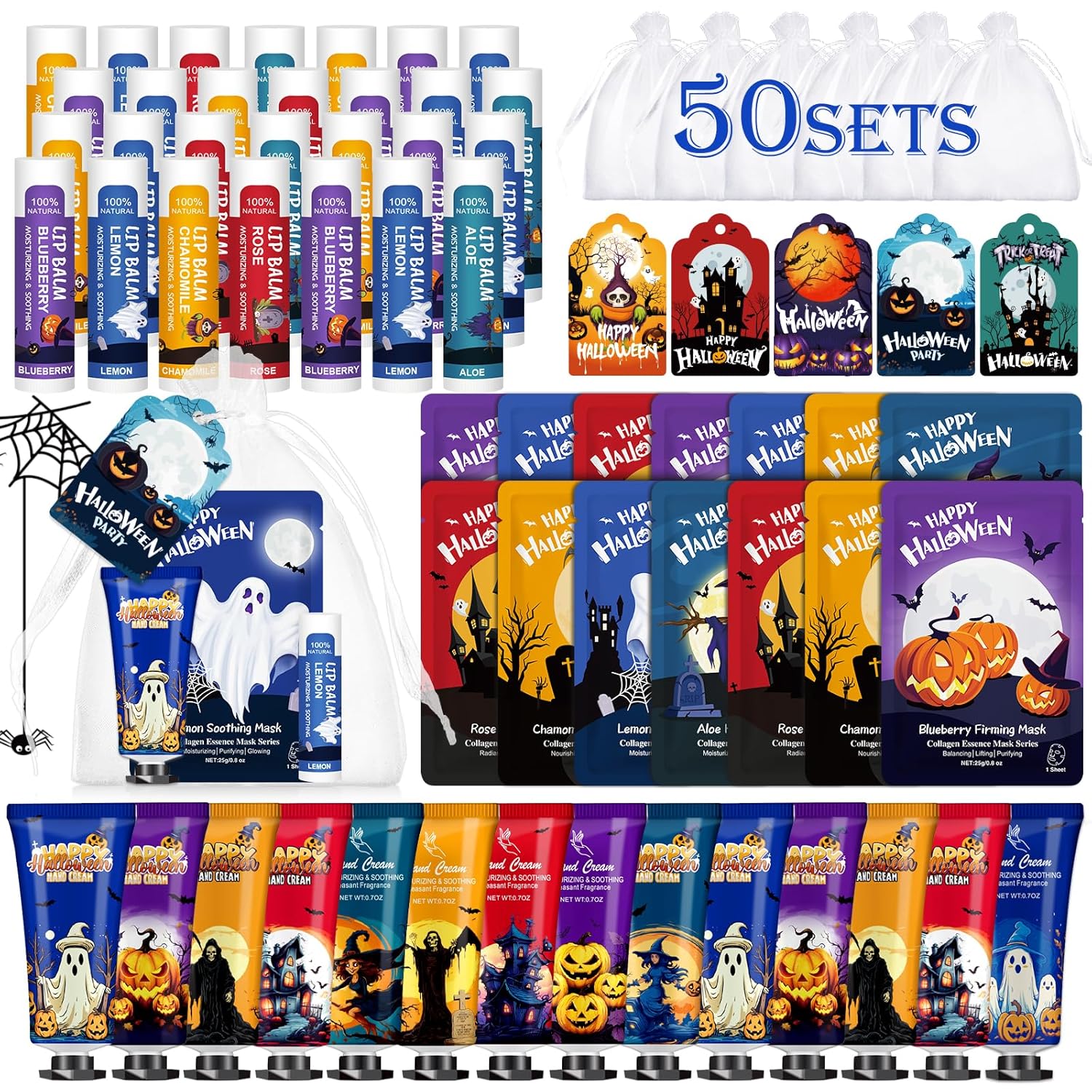 VESPRO 50 Pack Halloween Hand Cream, Facial Mask and Lip Balm Set, Bulk Halloween Gifts for Women, Halloween Decorations, Halloween Party Favors, Halloween Basket Stuffers and Halloween Skincare - Glowelle