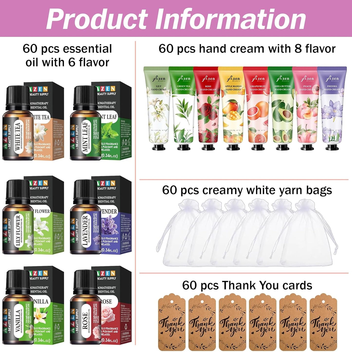 AZEN 60 Sets Bulk Gifts, Hand Cream and Essential Oils Bulk Set with Organza Bag Thank You Card, Baby Shower Wedding Gifts for Guests, Bridal Wedding Favors for Guests,Thank You Gifts for Women - Glowelle