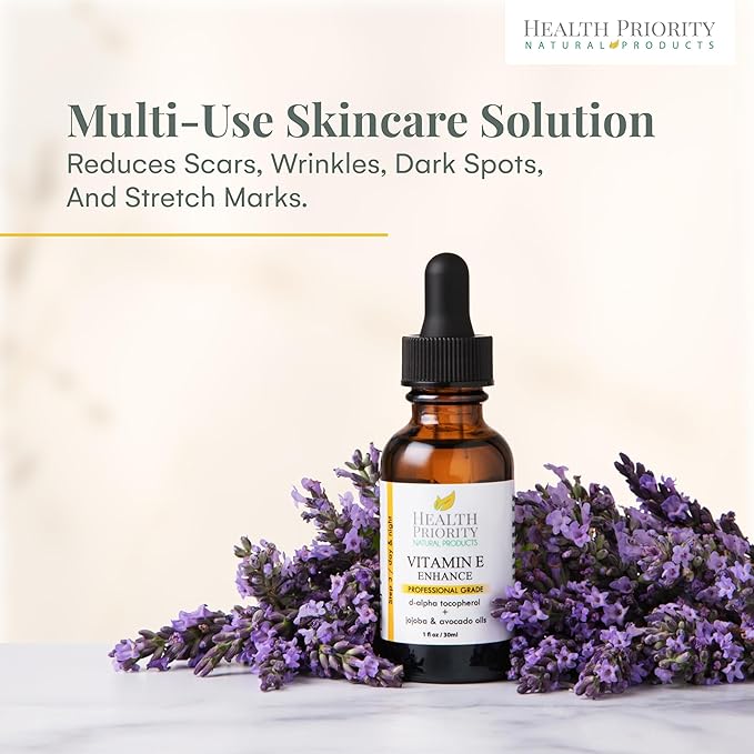 Health Priority Naturals|Organic Vitamin E Oil for Skin/Scars - 30,000 IU, 1 Fl Oz - Handmade in South Carolina, Non-GMO, Gluten/Cruelty Free, Vegan - Lavender Scented (Pack of 2)