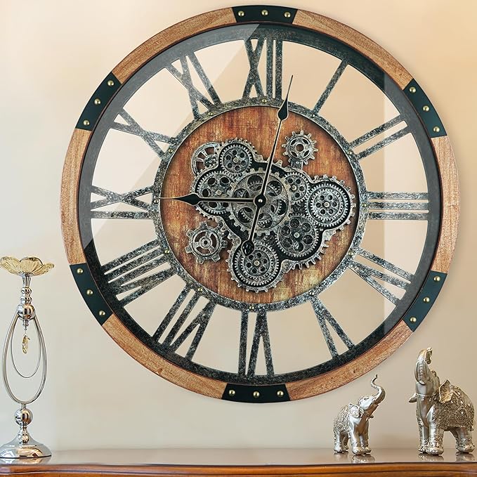 36 Inch Moving Gear Wall Clock, Oversized Wall Clocks, Clock Living Room Decor, Solid Wood Frame, Battery Operated, Large Wall Clock with Steampunk Industrial for Fireplace(Brown)