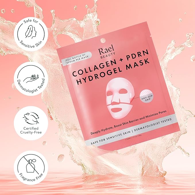 Rael Face Mask – Deep Hydration & Moisturizing Sheet Masks, Daily Skincare, Advanced PM Routine for Glowing Skin, Korean Skin Care (Collagen Salmon PDRN, 4 Count)